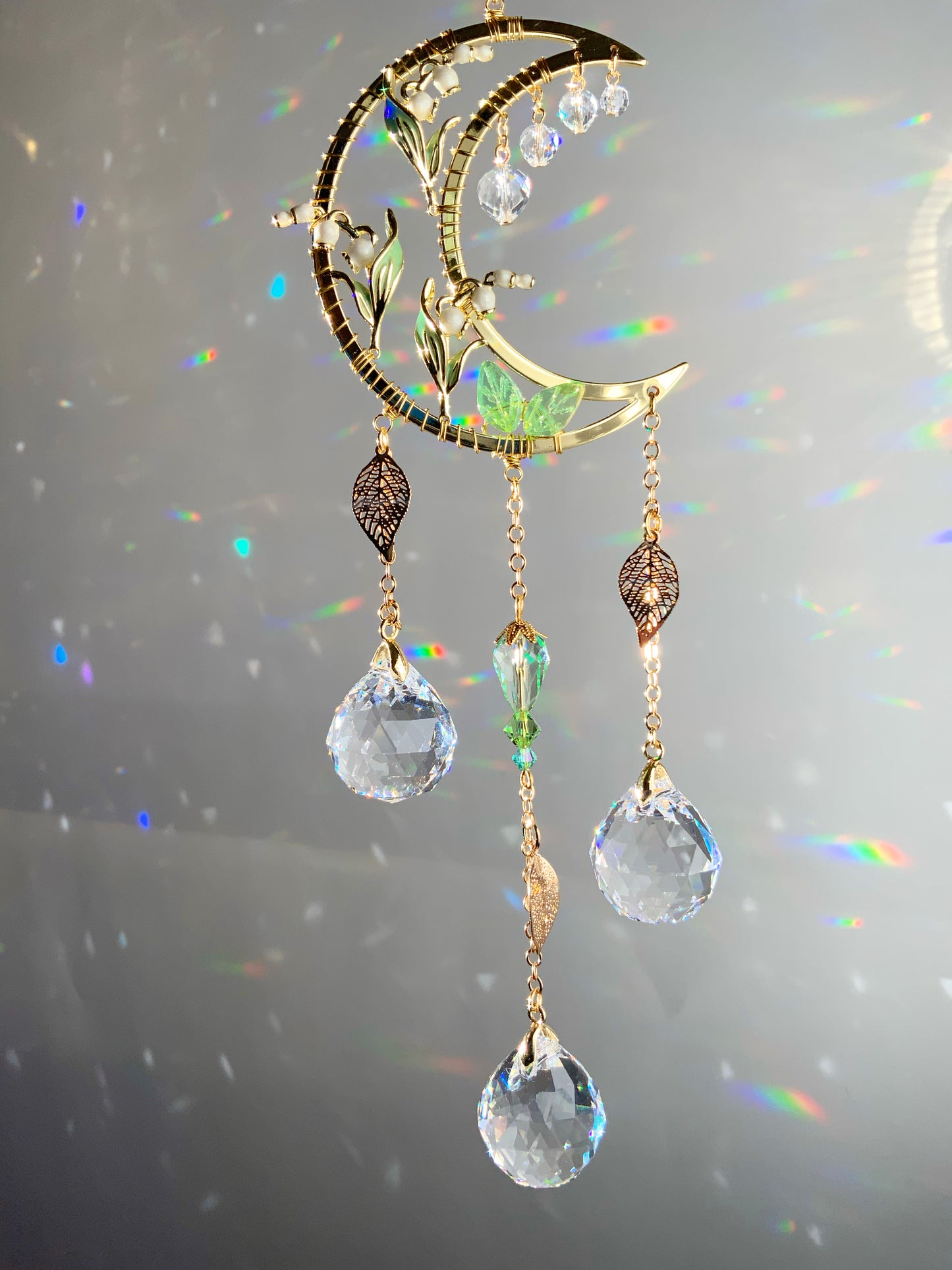 Mini Lily of the Valley Suncatcher, 18k Gold-Plated May Birthflower Celestial Crystal Prism hanger