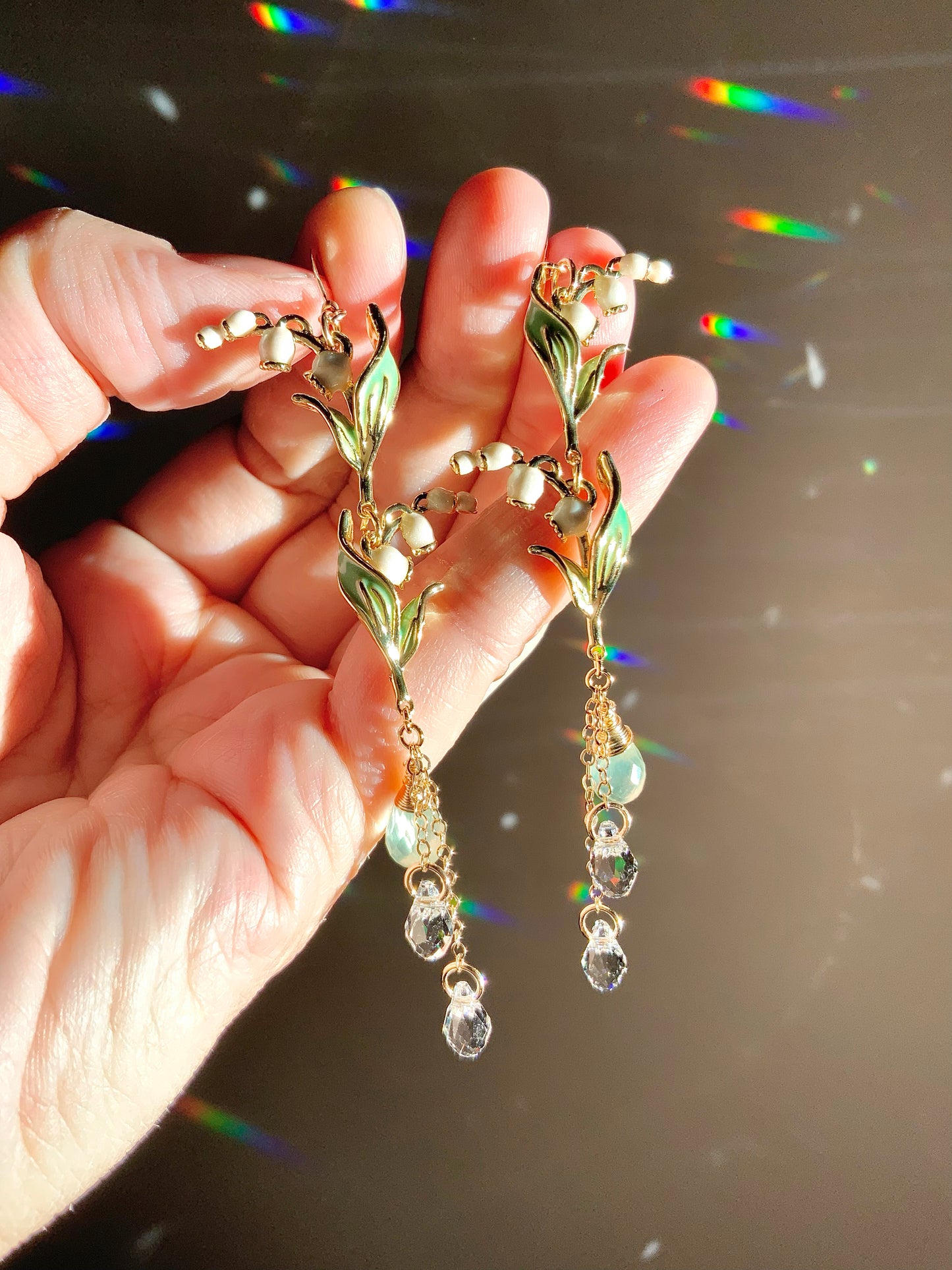 Prehnite Lily of the Valley Earrings~ 14k Gold-Filled Floral Enamel Jewelry