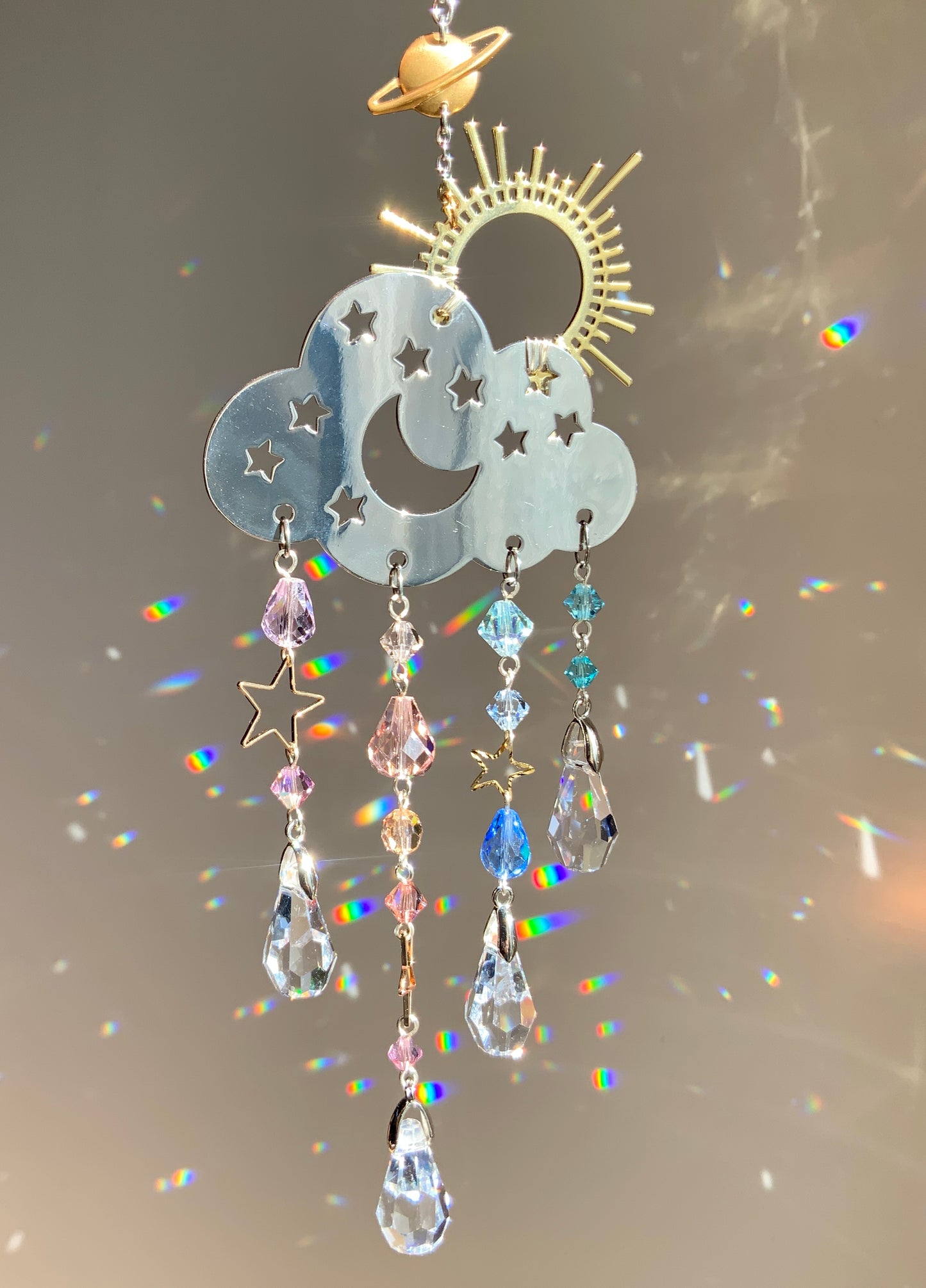 "Sunrise Mist" Rain Cloud Car Charm ~ 18k Gold-Plated Sun with ombré Crystal prism Celestial Suncatcher