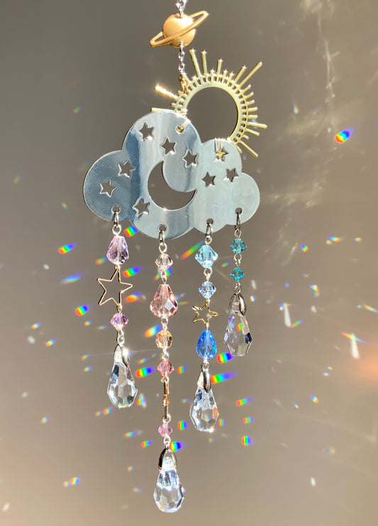 "Sunrise Mist" Rain Cloud Car Charm ~ 18k Gold-Plated Sun with ombré Crystal prism Celestial Suncatcher