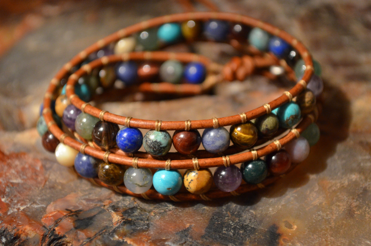*Clearance* OG MargayB Gemstone Leatherwrap Bracelets, naturally dyed Leather made in USA