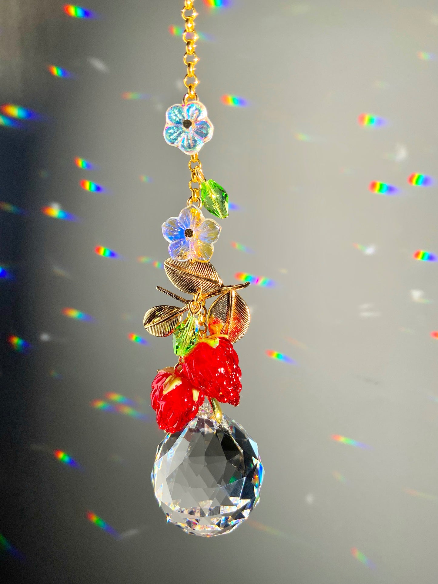 Raspberry Blossom Crystal Car Charm Hanger, 18k Gold-Plated Fruit red berries Suncatcher decor auto decoration accessories