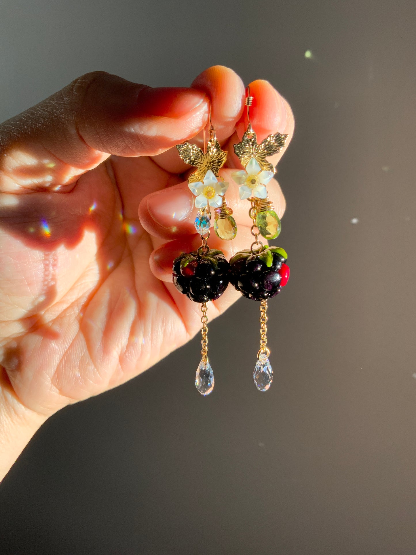 Super Realistic Blackberry Blossom Earrings~ Peridot, Mother of Pearl, Artisan-made Glass, 18k Gold-Plated Crystal Fruit jewelry