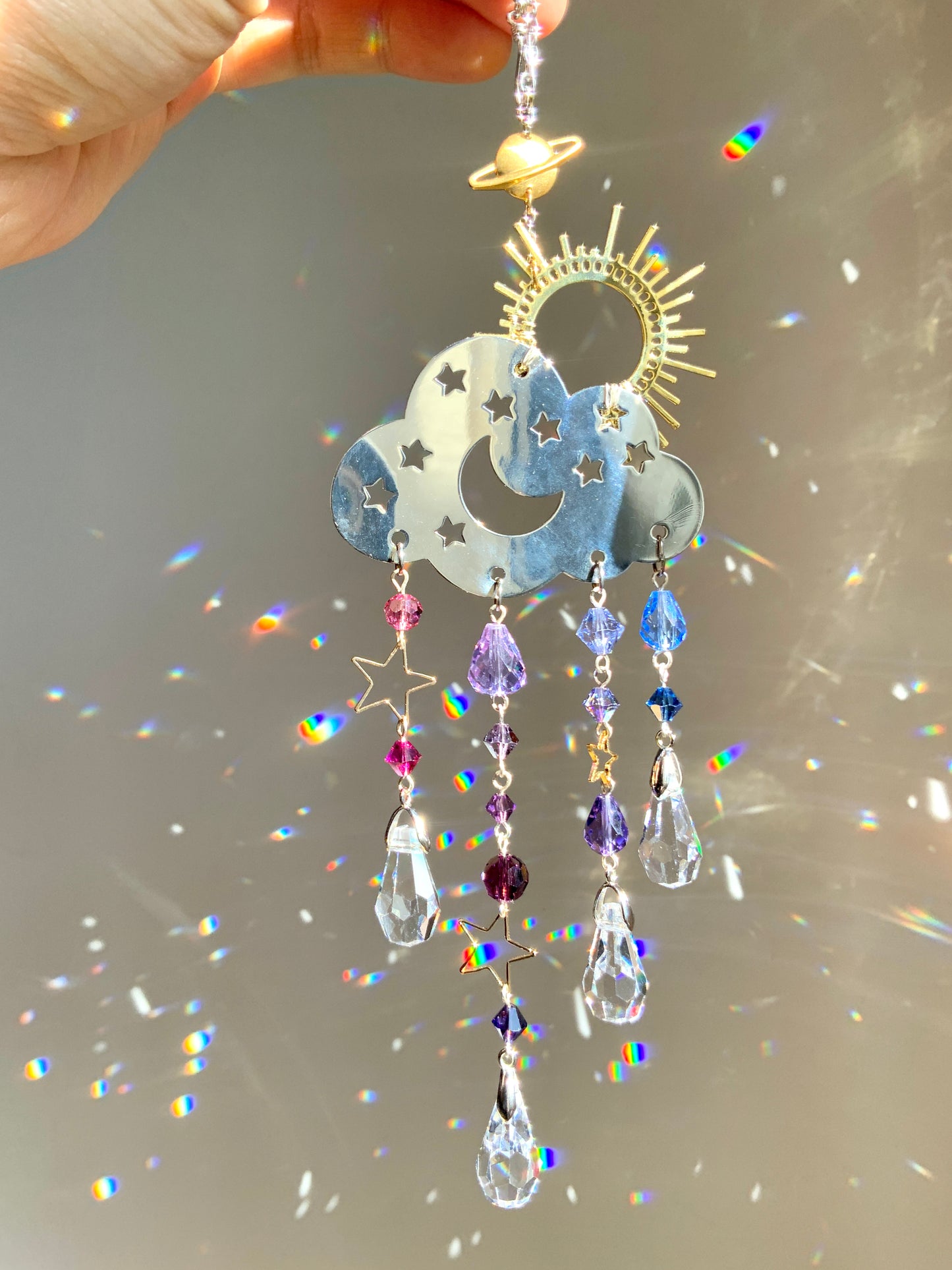 "Sunset Mist" Rain Cloud Car Charm ~ 18k Gold-Plated Sun with ombré Crystal prism Celestial Suncatcher
