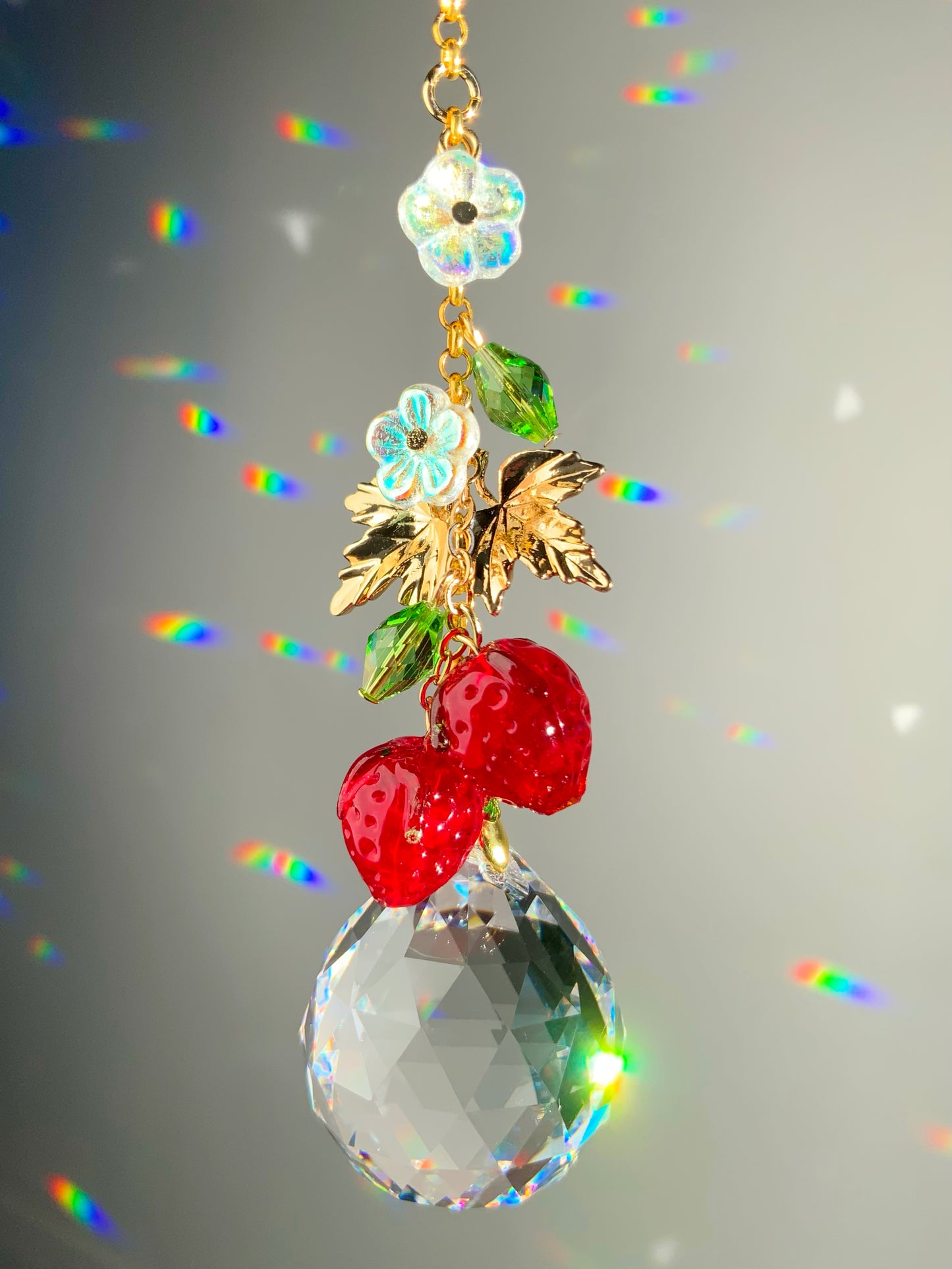 Strawberry Blossom Crystal Car Charm Hanger, 18k Gold-Plated Fruit red berries Suncatcher decor auto decoration accessories