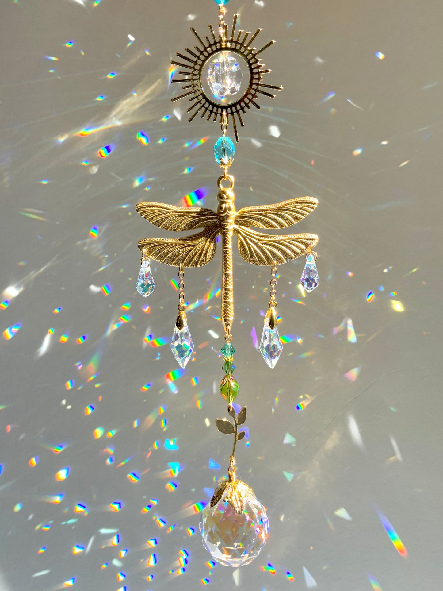 "Horizon" Dragonfly Crystal Ball Suncatcher, 18k Gold-Plated Sun Window Charm with ombré prisms