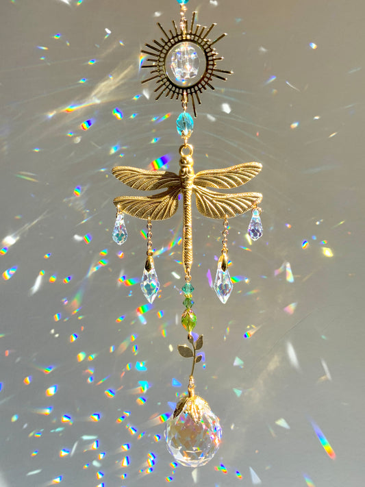 "Horizon" Dragonfly Crystal Ball Suncatcher, 18k Gold-Plated Sun Window Charm with ombré prisms