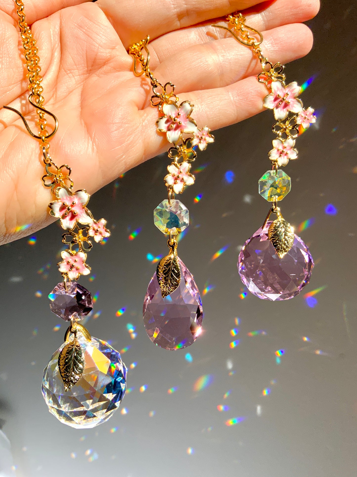 Sakura Crystal Rear View Mirror Car Charm, 18k Gold-Plated Cherry Blossom festival auto decoration accessories