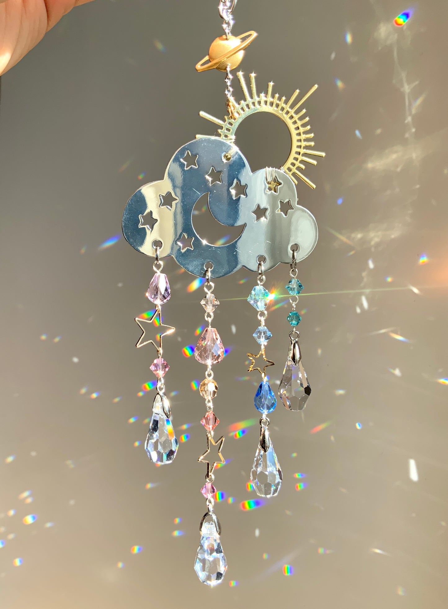 "Sunrise Mist" Rain Cloud Car Charm ~ 18k Gold-Plated Sun with ombré Crystal prism Celestial Suncatcher