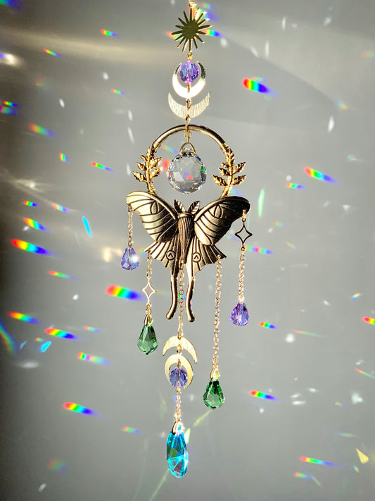 "Moonfern Reverie" Mini Luna Moth Crystal Suncatcher, Moon Phase Witchy Gold Celestial room decor
