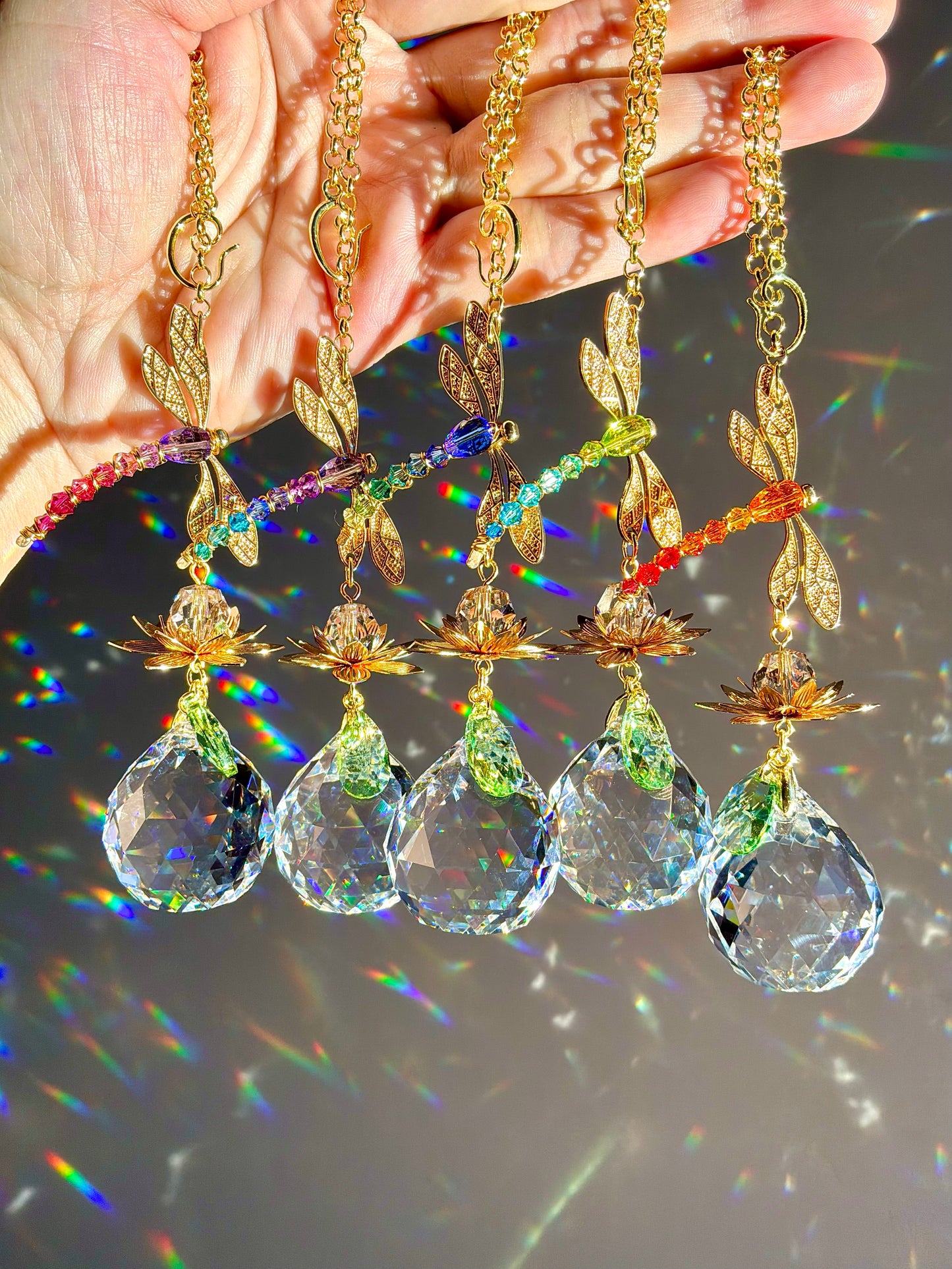 Jeweled Dragonfly Series~ 18k Gold-Plated Car Charm Suncatcher, Ombre Color Gradient made with Rare Crystals