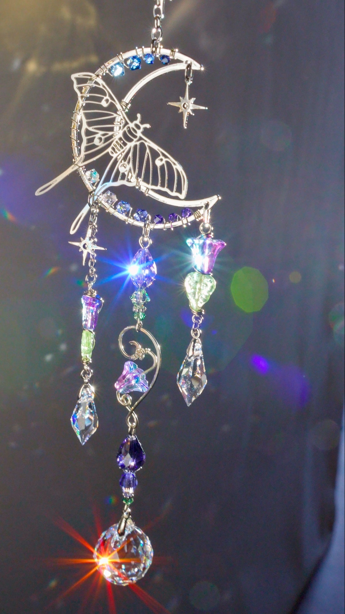 Moonflower Luna Moth Car Charm, 18k Gold-Plated Witchy Crystal Celestial Moon Prism Suncatcher, rearview mirror hanger