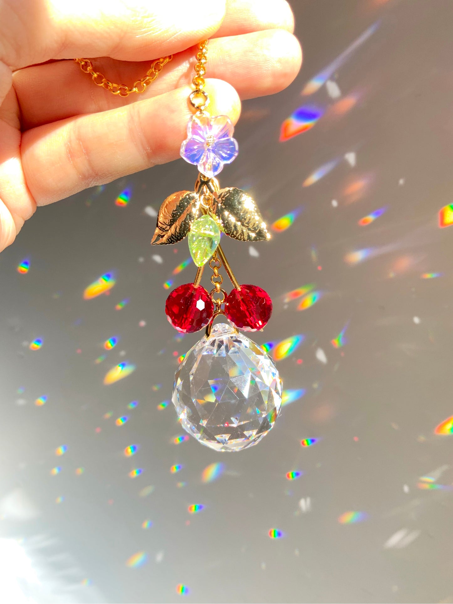 Crystal Cherries Rear View Mirror Car Charm, 18k Gold-Plated Red Fruit decor auto decoration accessories