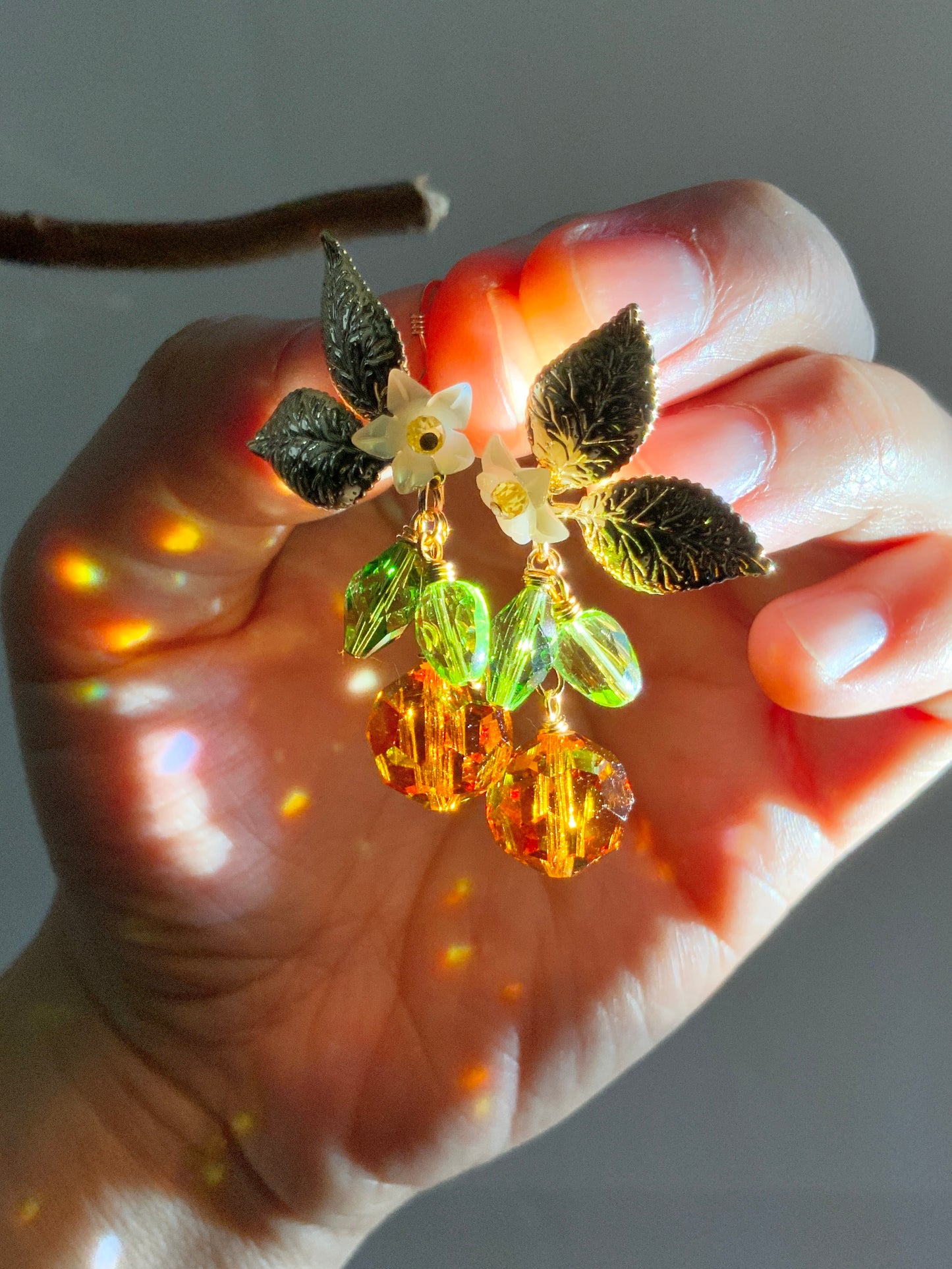Rare Honey Orange Blossom Prism Earrings~ Mother of Pearl, Crystal Prisms, 18k Gold-Plated Fruit jewelry