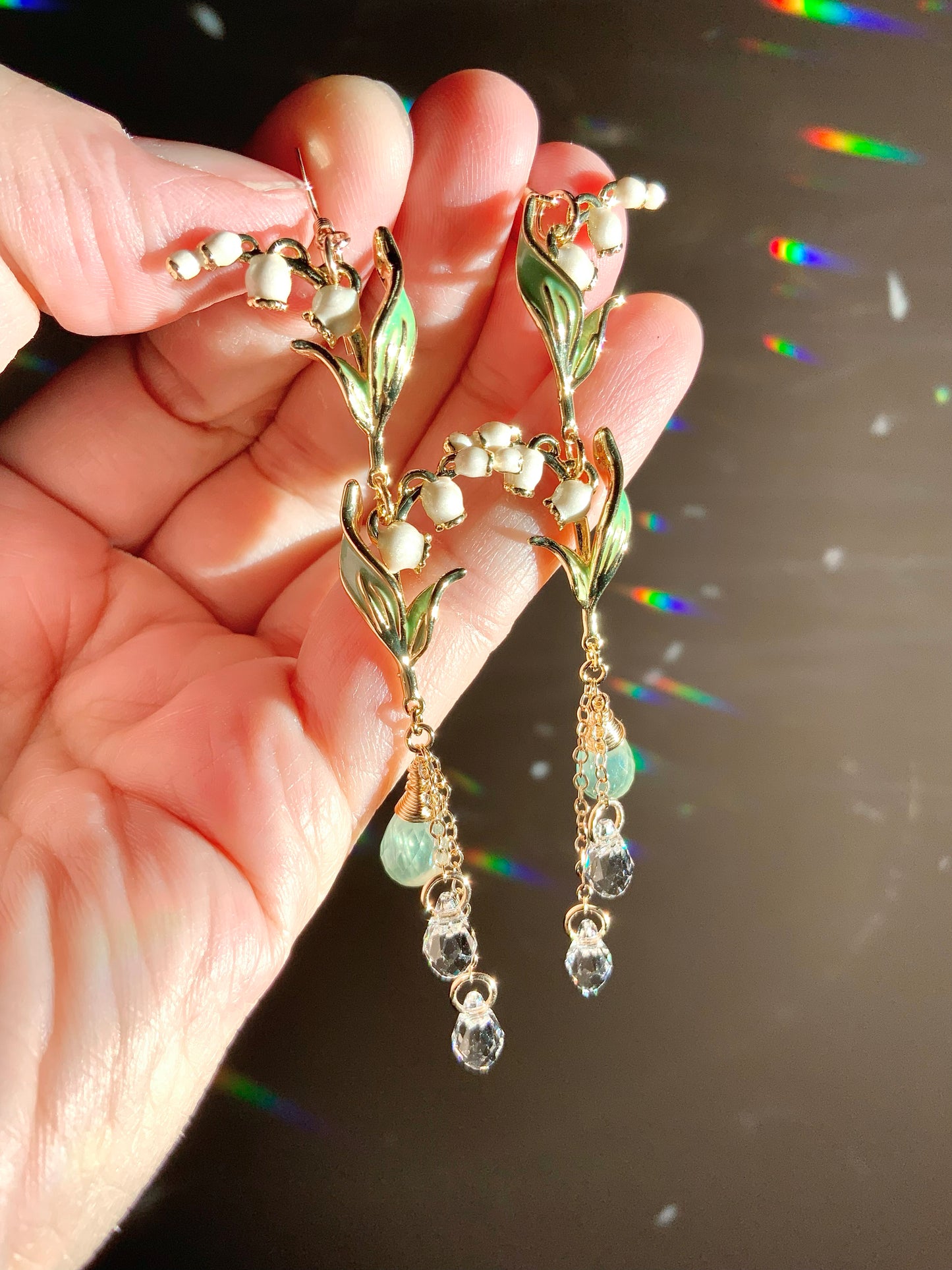 Prehnite Lily of the Valley Earrings~ 14k Gold-Filled Floral Enamel Jewelry