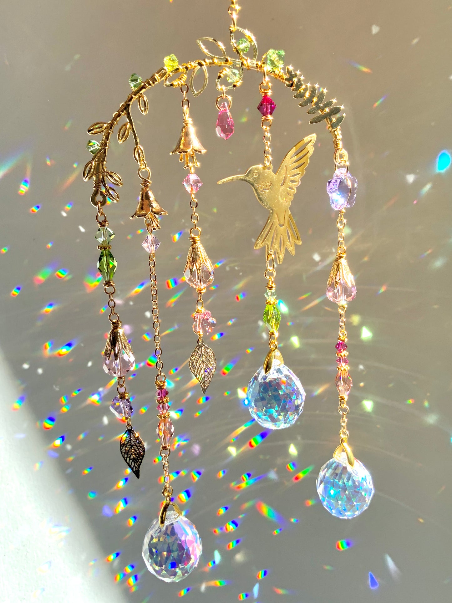 Small Crystal Hummingbird Mobile ~ 18k Gold-plated, Stainless Steel, ombré prisms Suncatcher