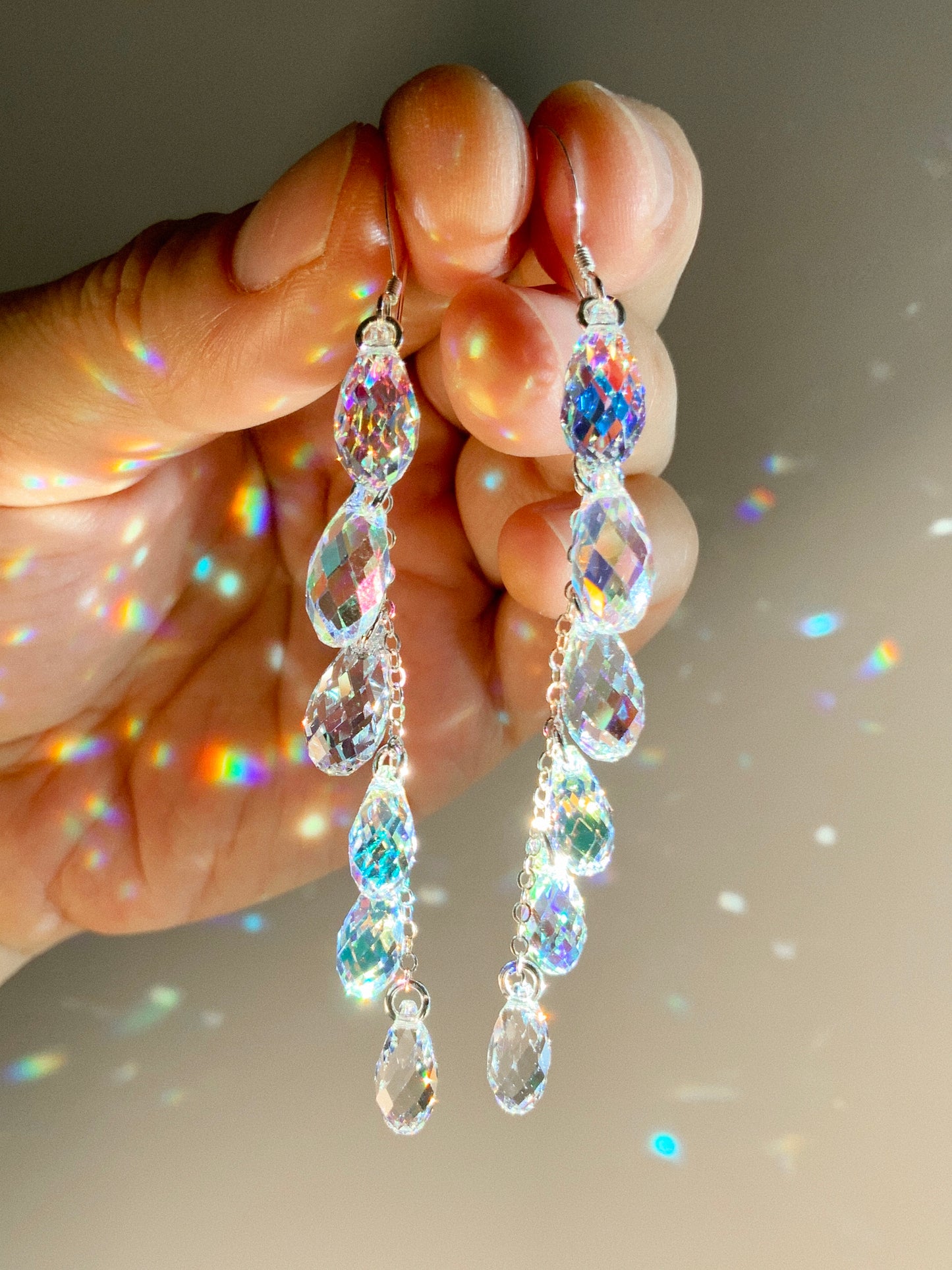 "Starlight" ~ *Luxe* Rainbow Clear Crystal Waterfall earrings, Super Rare, Sterling Silver or 14k Gold-Filled