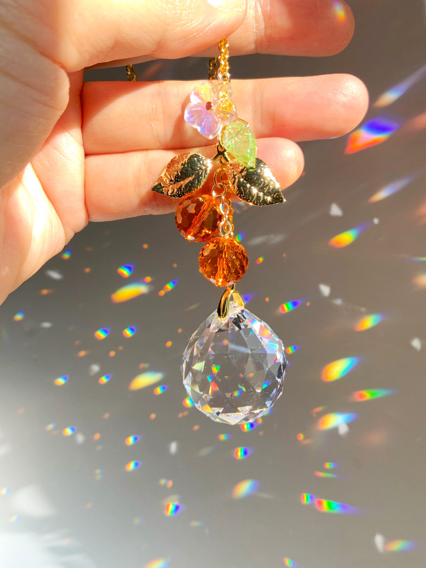 Orange Blossom Crystal Rear View Mirror Car Charm, 18k Gold-Plated Citrus Fruit decor auto decoration accessories