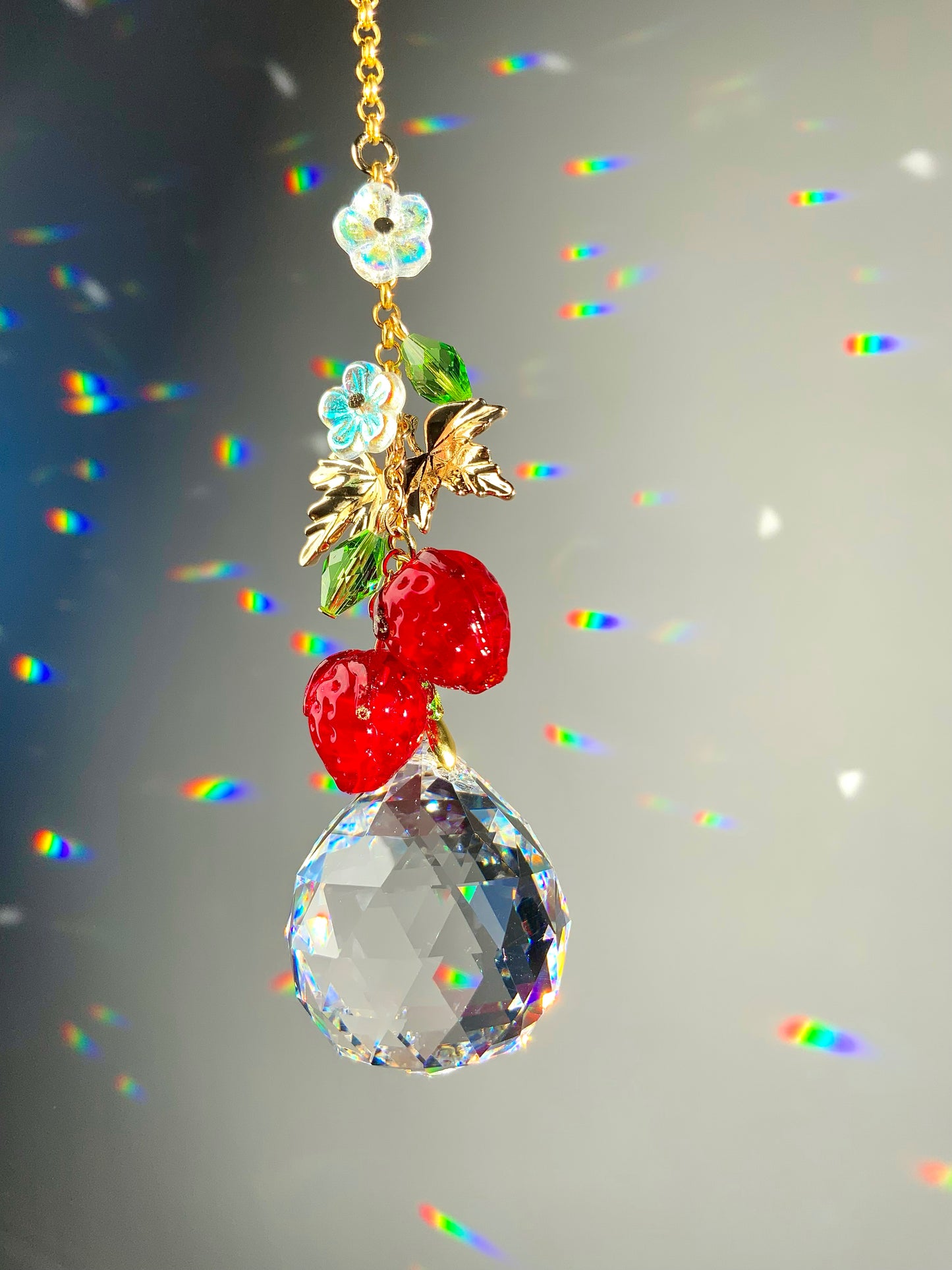Strawberry Blossom Crystal Car Charm Hanger, 18k Gold-Plated Fruit red berries Suncatcher decor auto decoration accessories