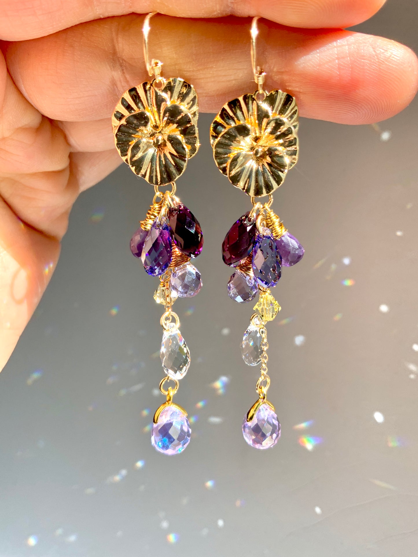 Amethyst Viola / Pansy Waterfall Earrings~ Ombré Purple Lavender Flower Crystal jewelry made of 18k Gold-plated Brass and prisms