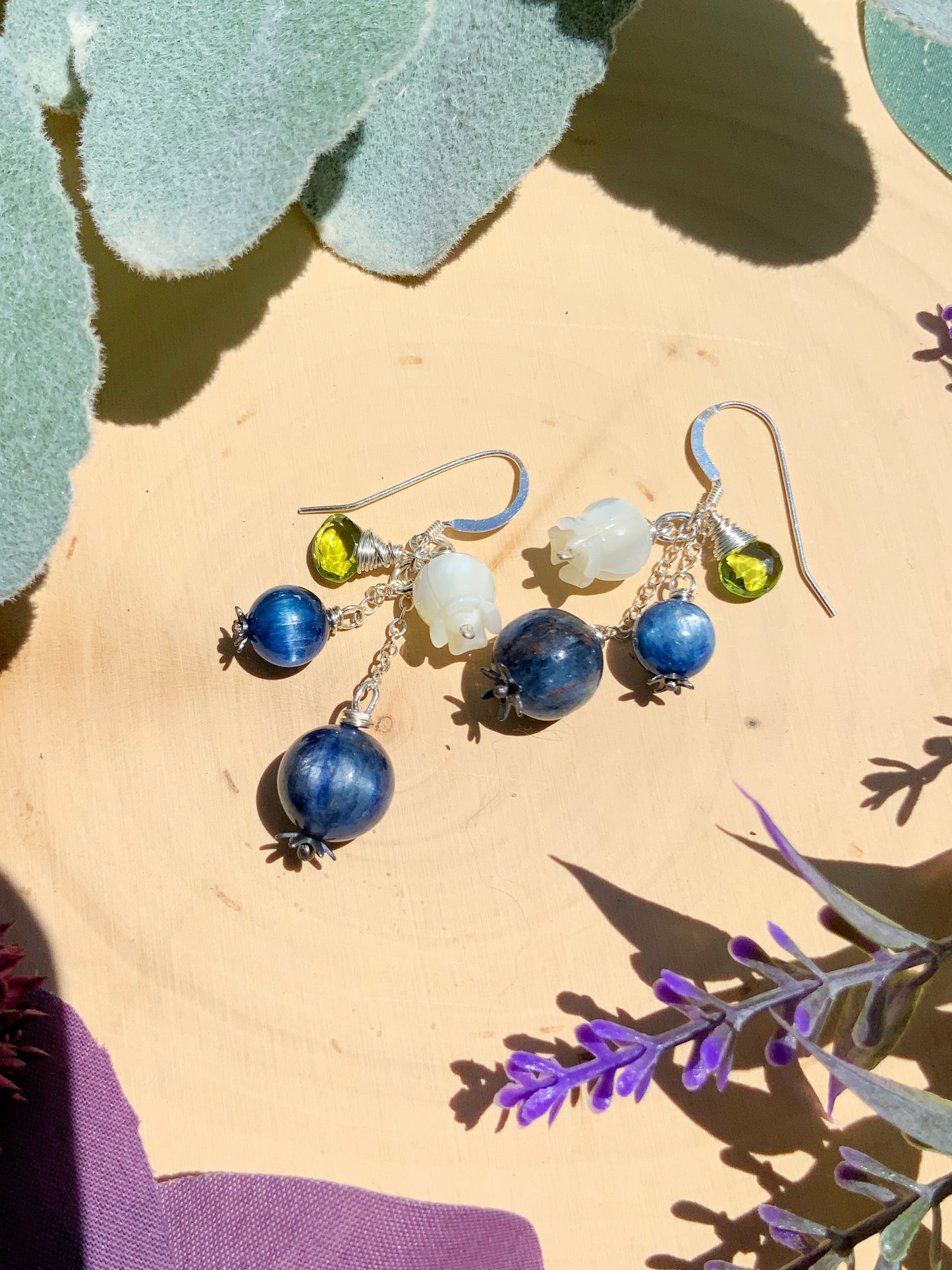 Kyanite Blueberry Blossom Earrings~ Peridot, Mother of Pearl, Sterling Silver or 14k Gold-Filled Blue Gemstone Fruit Jewelry