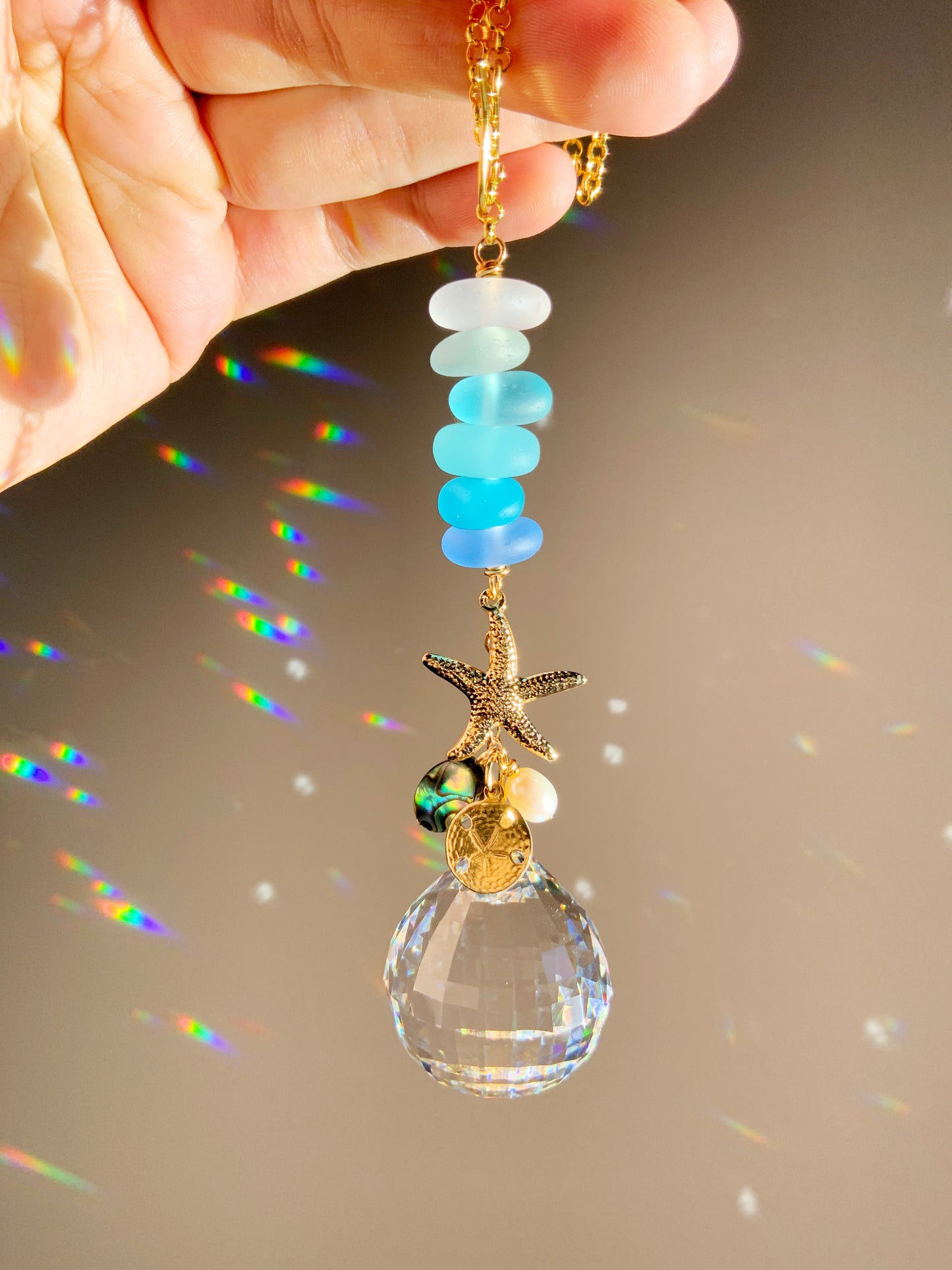 Ombré Sea Glass Starfish Car Charm, with Pearl, Abalone Paua Shell, 18k Gold-Plated Sand Dollar and Seahorse
