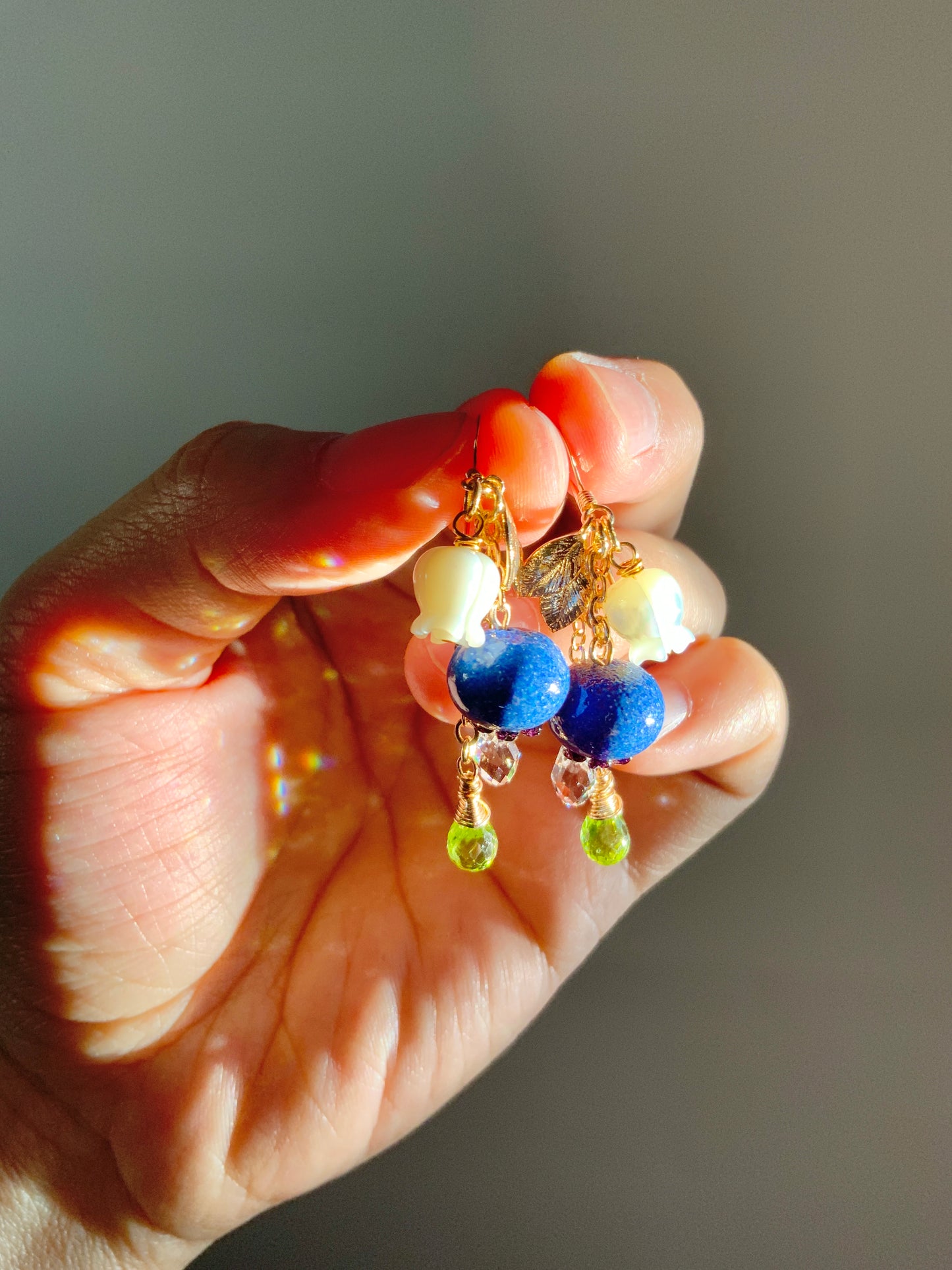 Super Realistic Blueberry Blossom Earrings~ Peridot, Mother of Pearl, Artisan-made Glass, 18k Gold-Plated Crystal Fruit jewelry