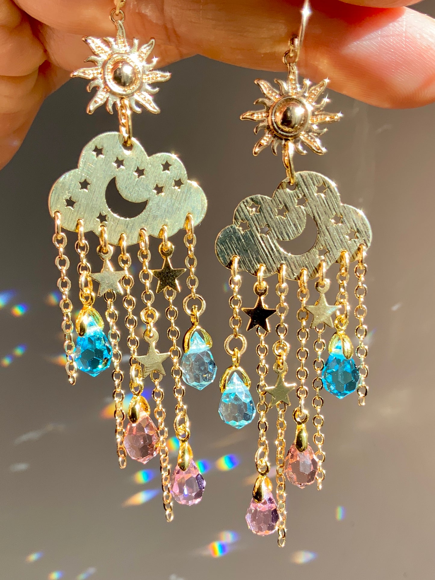 Ombré Sunrise Crystal Rain Cloud earrings~ 18k Gold-Plated Sun Moon Celestial prism Suncatcher jewelry