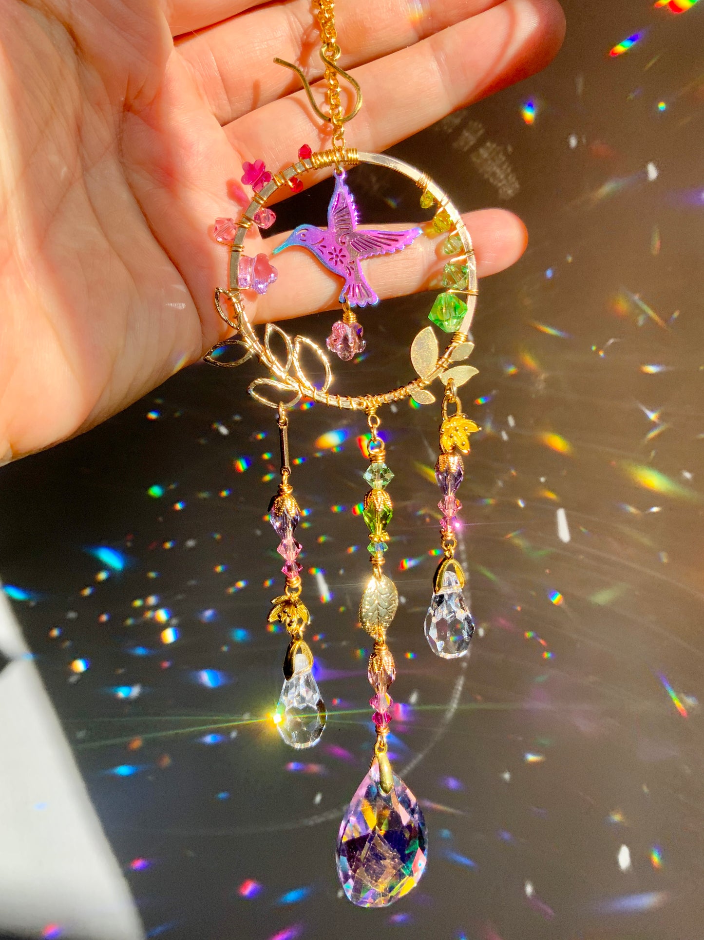 Hummingbird Car Charm ~ 18k Gold-plated, Stainless Steel, and ombré Crystal prisms for car mirror accessories