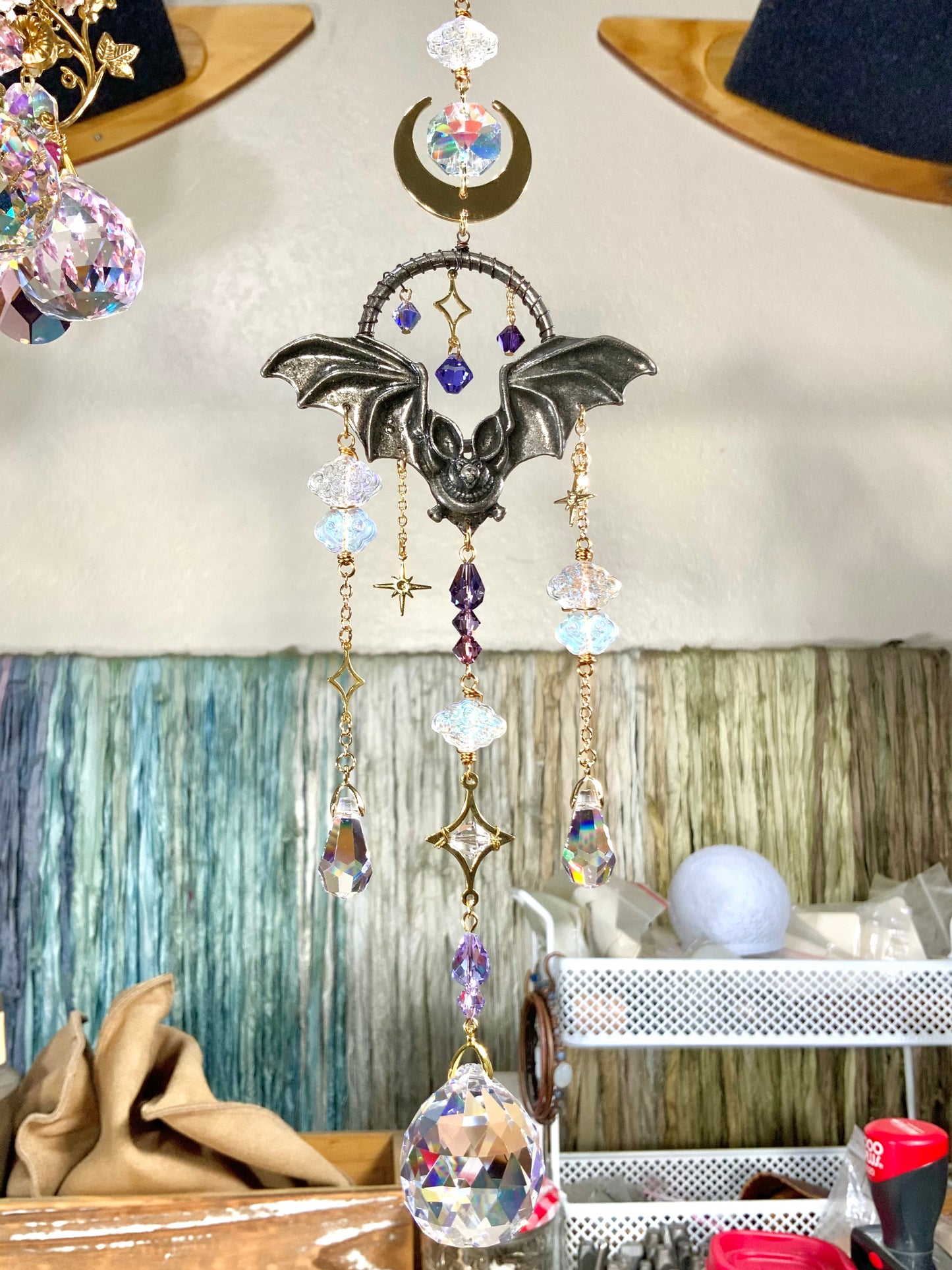 "Night Flight" Bat Mini Suncatcher, 18k Gold-Plated Moon Starry Night Clouds Crystal prisms, spooky Halloween Suncatchers