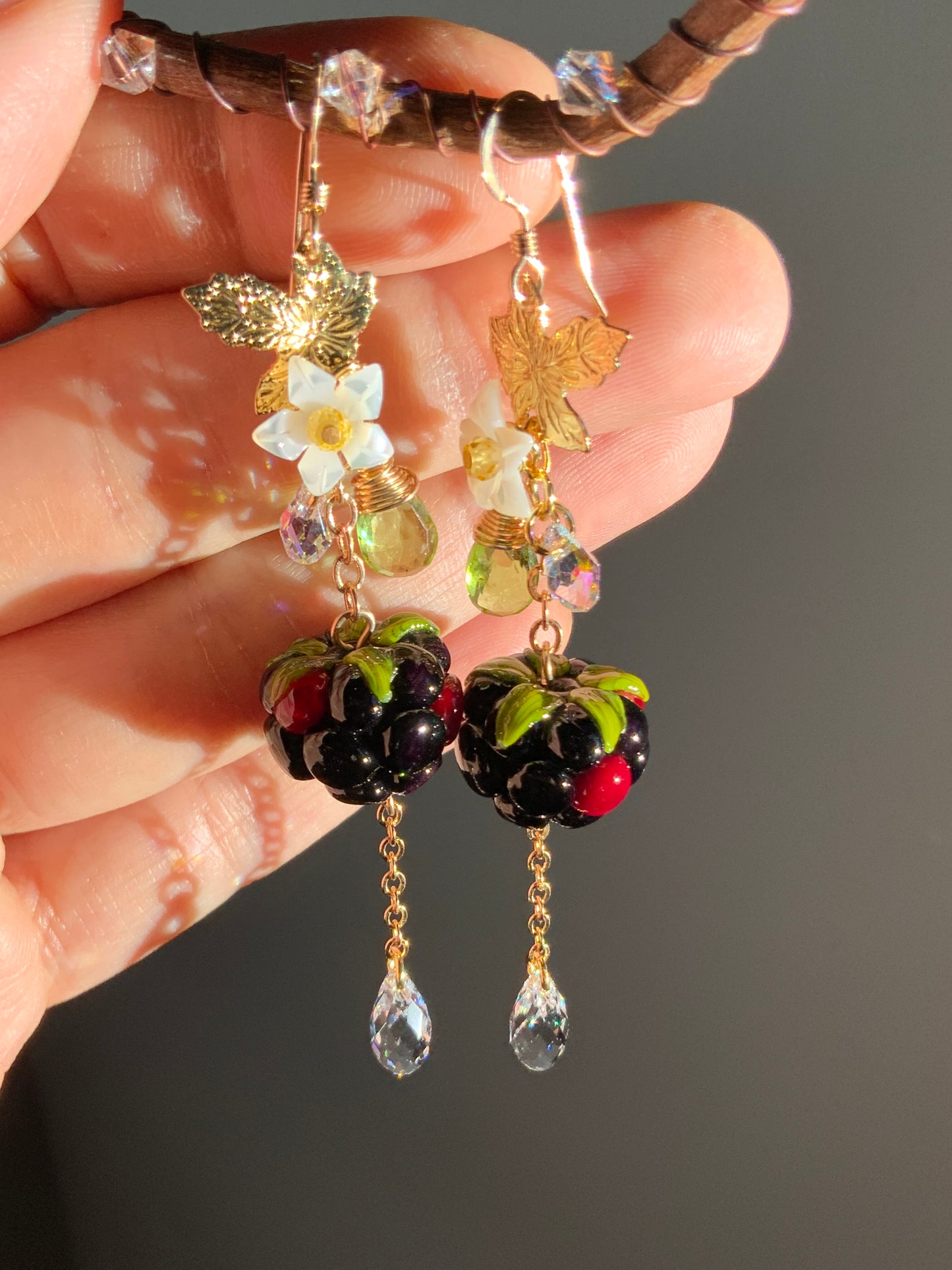 Super Realistic Blackberry Blossom Earrings~ Peridot, Mother of Pearl, Artisan-made Glass, 18k Gold-Plated Crystal Fruit jewelry