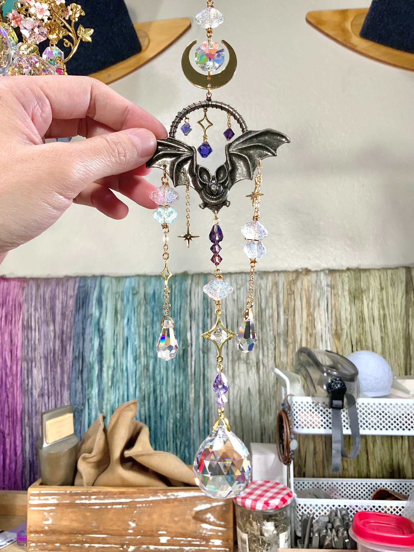 "Night Flight" Bat Mini Suncatcher, 18k Gold-Plated Moon Starry Night Clouds Crystal prisms, spooky Halloween Suncatchers