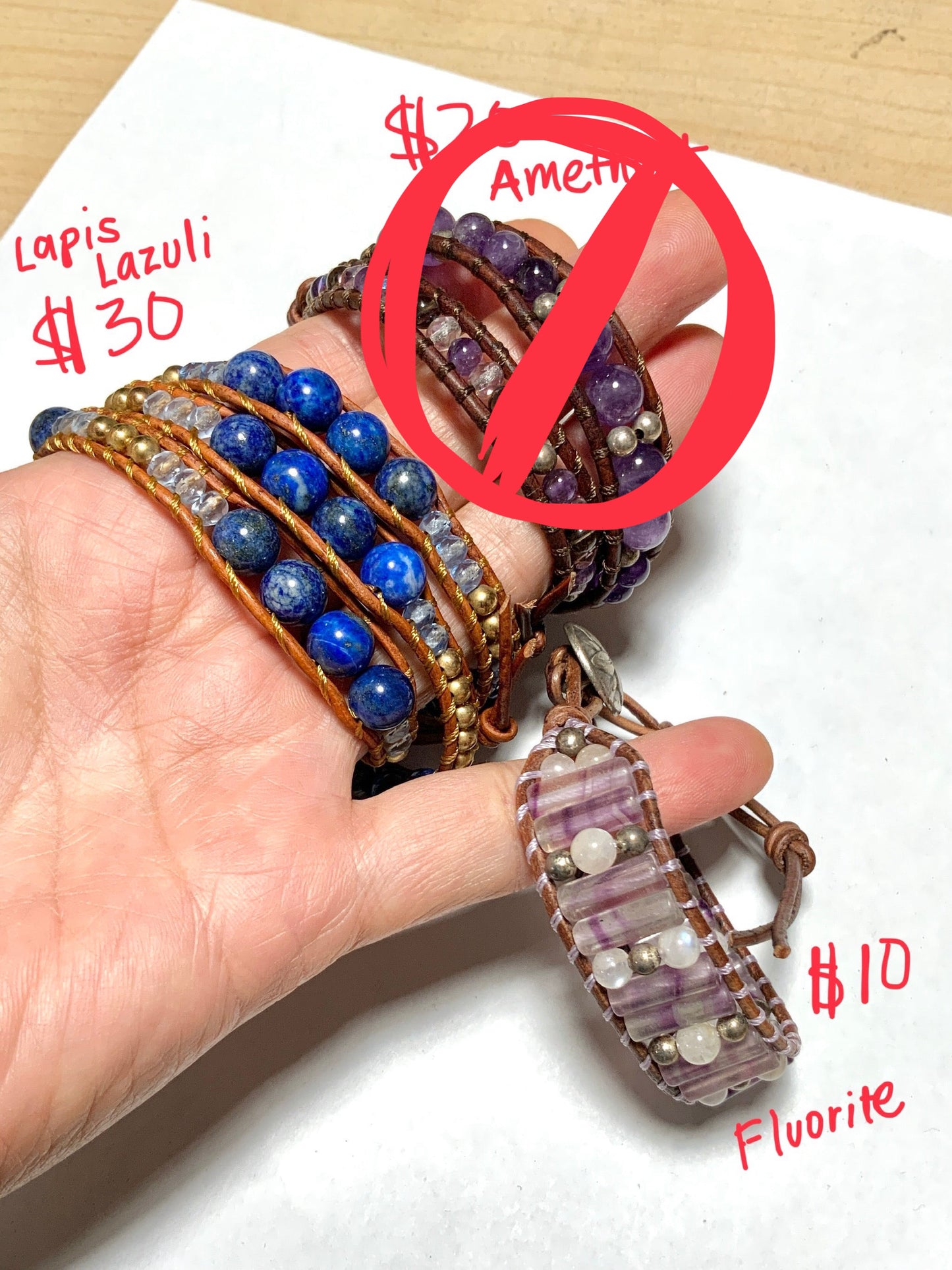 *Clearance* OG MargayB Gemstone Leatherwrap Bracelets, naturally dyed Leather made in USA