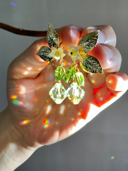Rare Lemon Blossom Prism Earrings~ Mother of Pearl, Crystal Prisms, 18k Gold-Plated Fruit jewelry