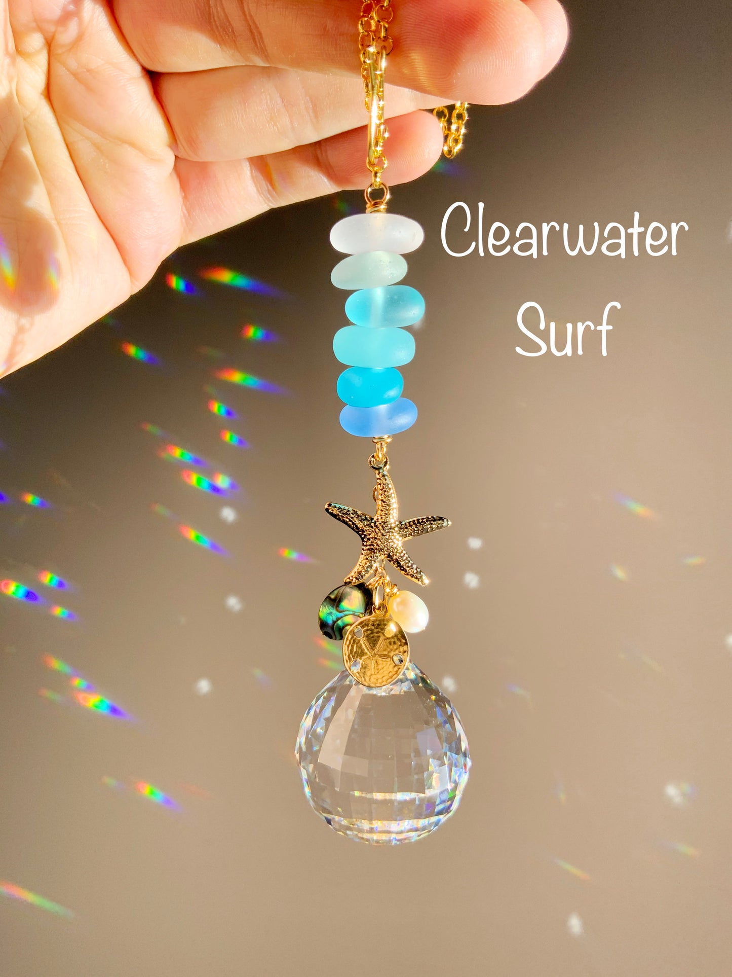 Ombré Sea Glass Starfish Car Charm, with Pearl, Abalone Paua Shell, 18k Gold-Plated Sand Dollar and Seahorse