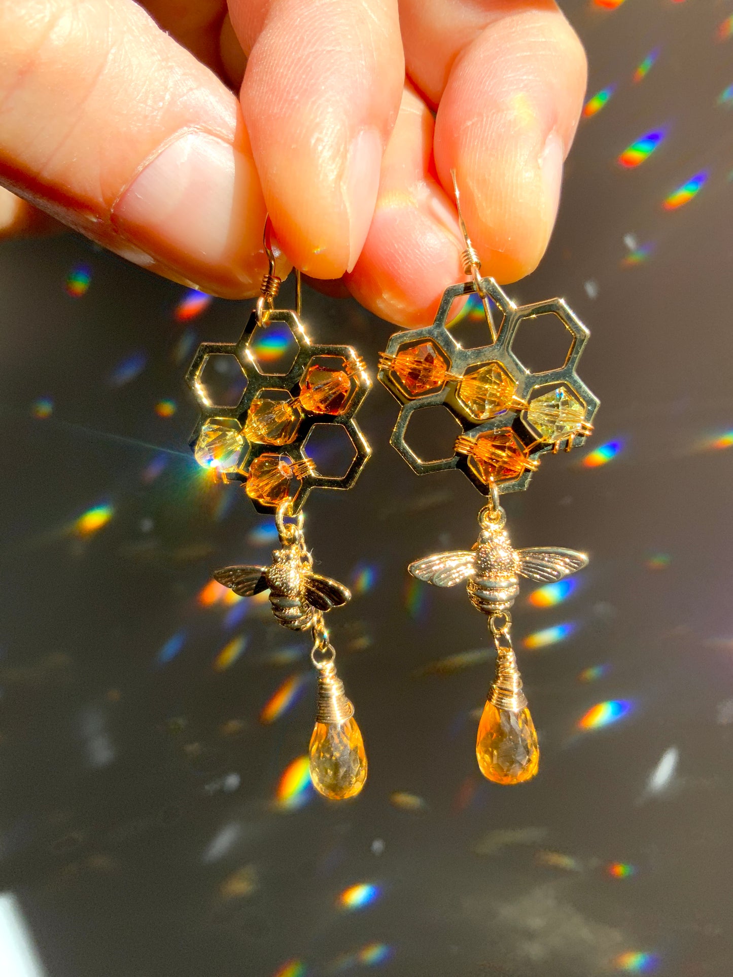 Citrine Honeycomb Bee Earrings with ombré Crystal prisms, 18k Gold-Plated Honeybee