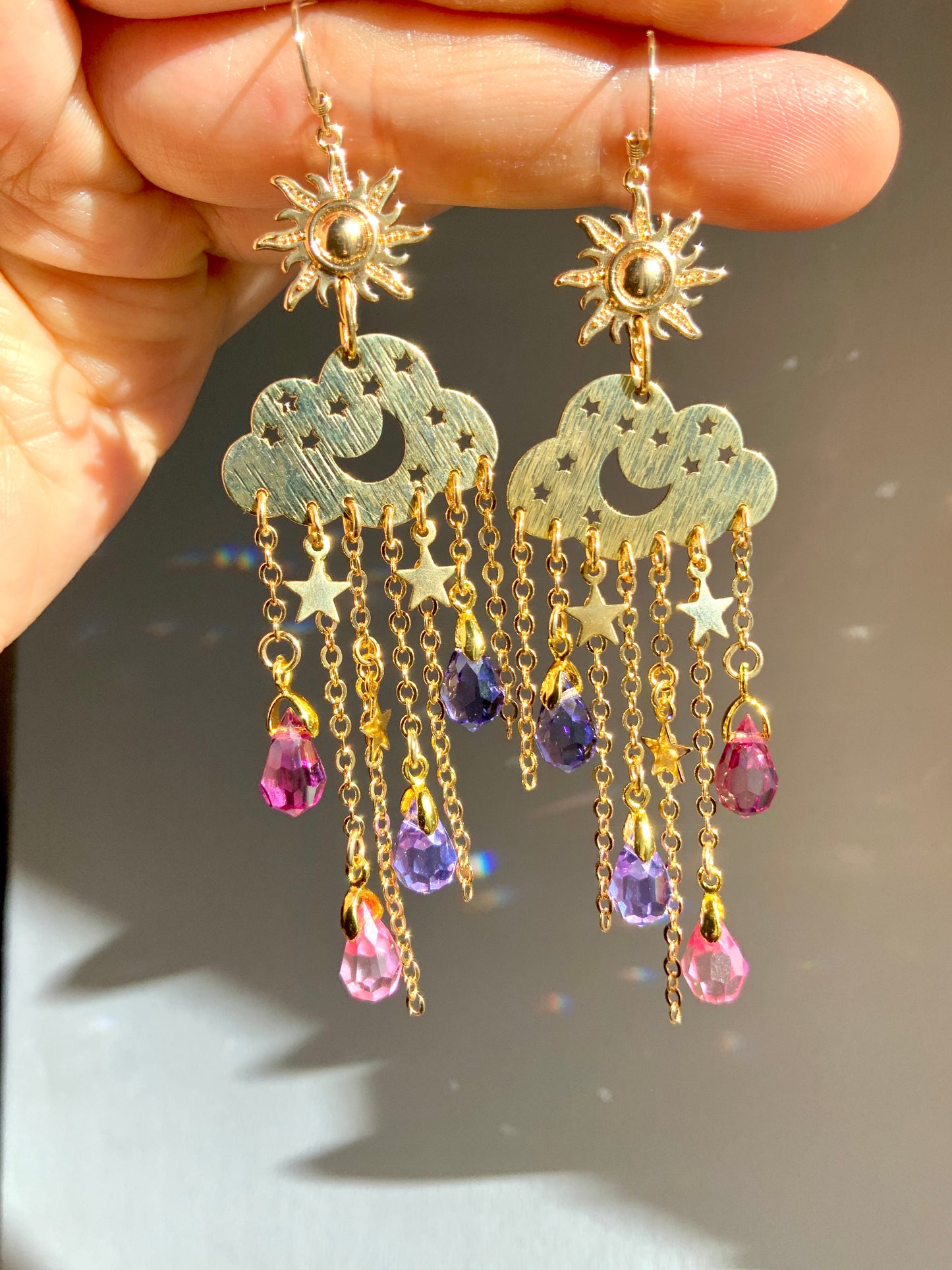 Ombré Sunset Crystal Rain Cloud earrings~ 18k Gold-Plated Sun Moon Celestial prism Suncatcher jewelry