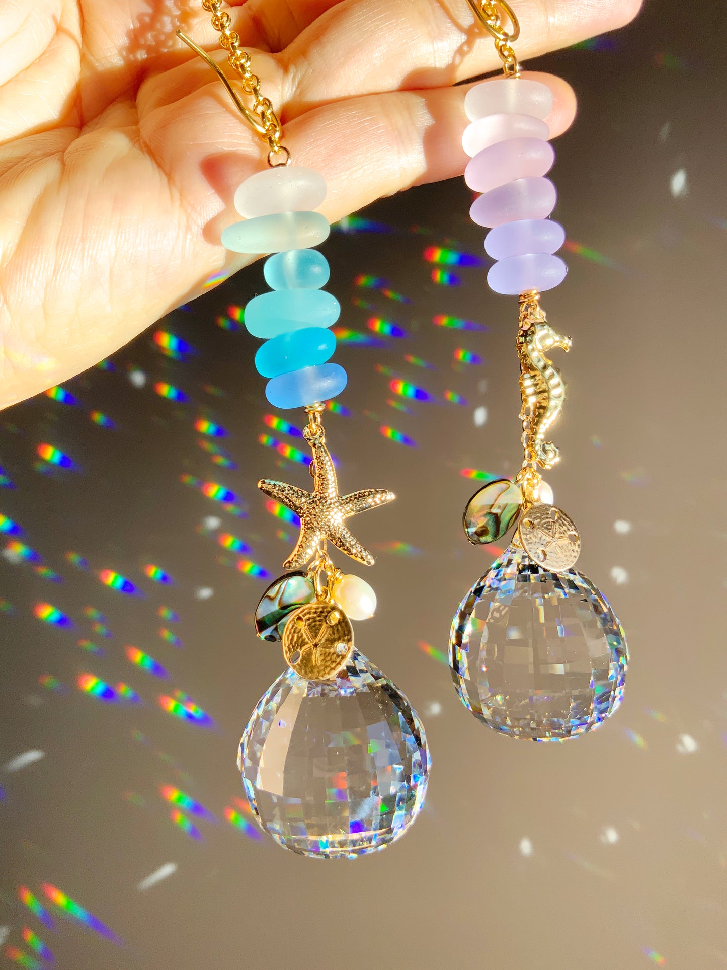 Ombré Sea Glass Starfish Car Charm, with Pearl, Abalone Paua Shell, 18k Gold-Plated Sand Dollar and Seahorse