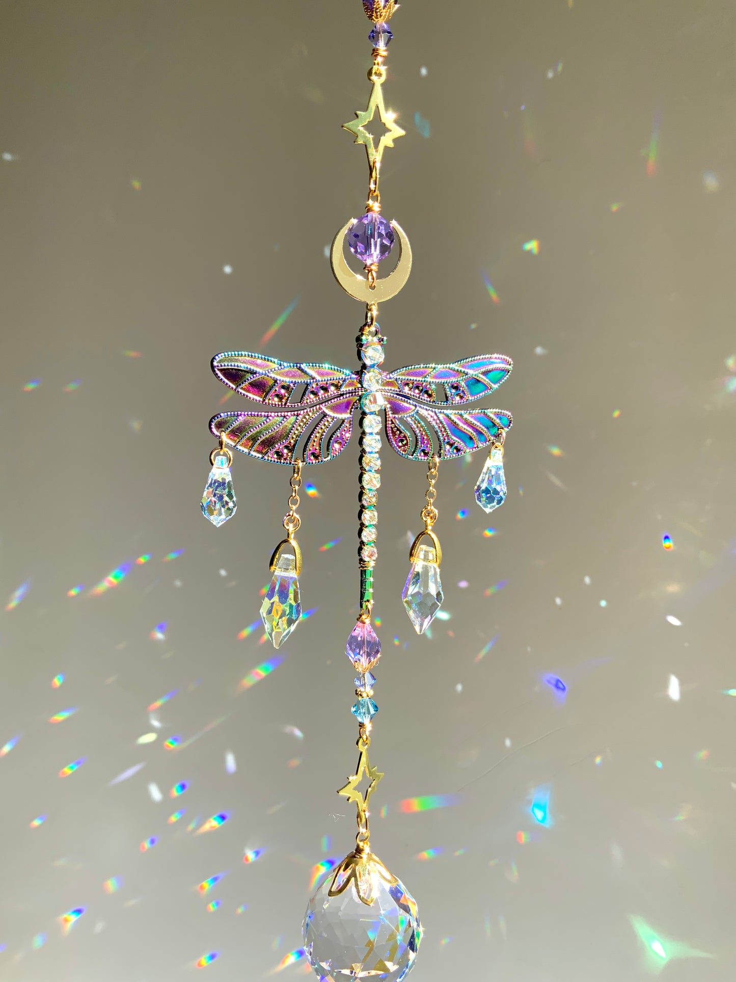 "Eventide" Dragonfly Crystal Ball Suncatcher, Window Charm made with ombré prisms and 18k Gold-Plated Brass