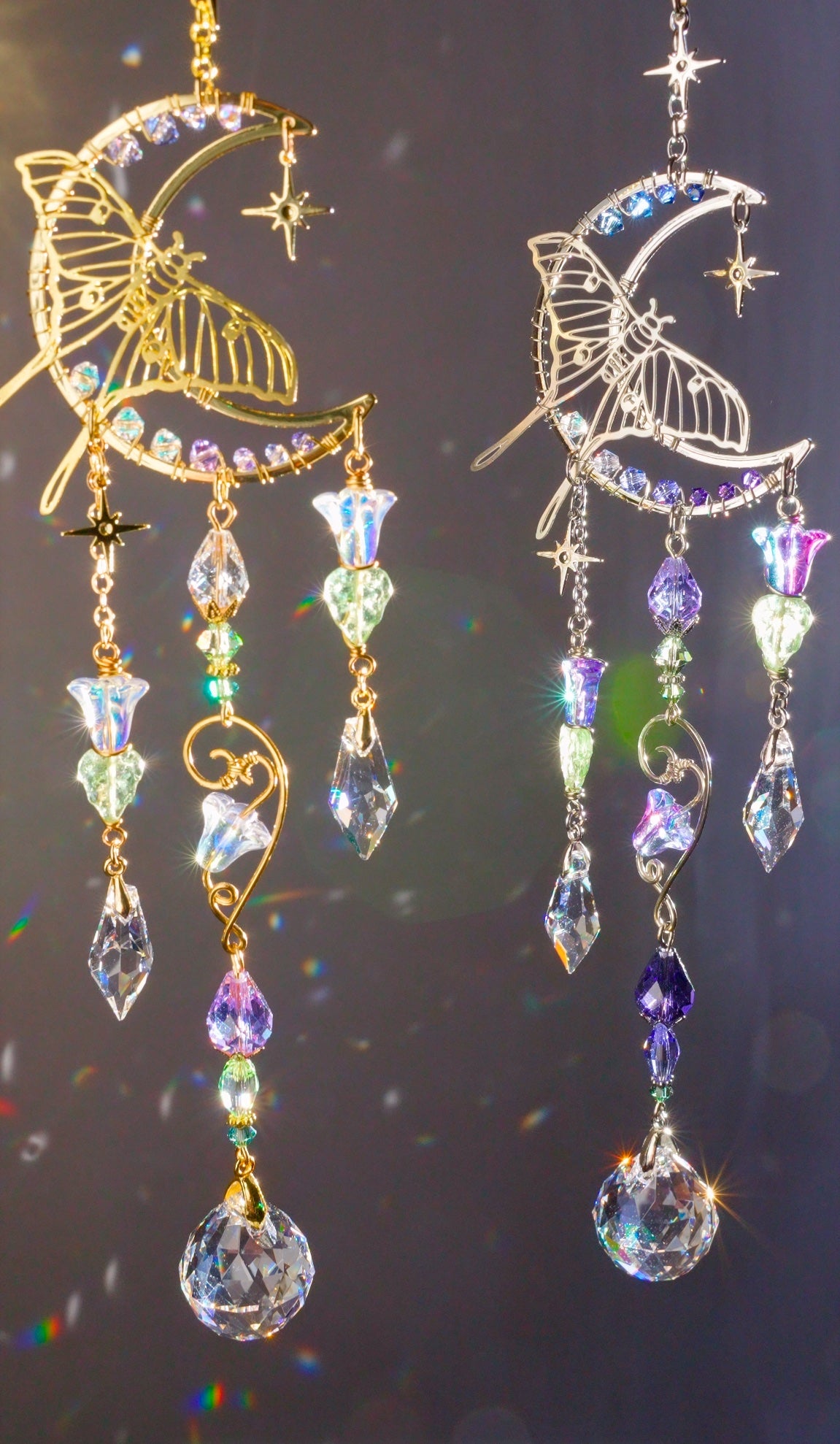 Moonflower Luna Moth Car Charm, 18k Gold-Plated Witchy Crystal Celestial Moon Prism Suncatcher, rearview mirror hanger