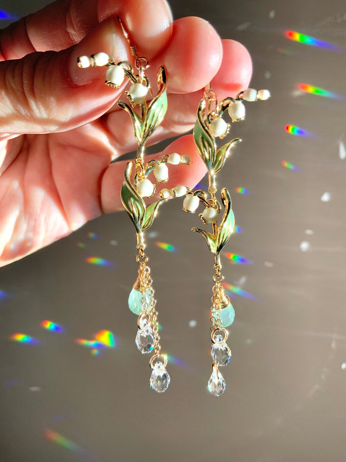 Prehnite Lily of the Valley Earrings~ 14k Gold-Filled Floral Enamel Jewelry