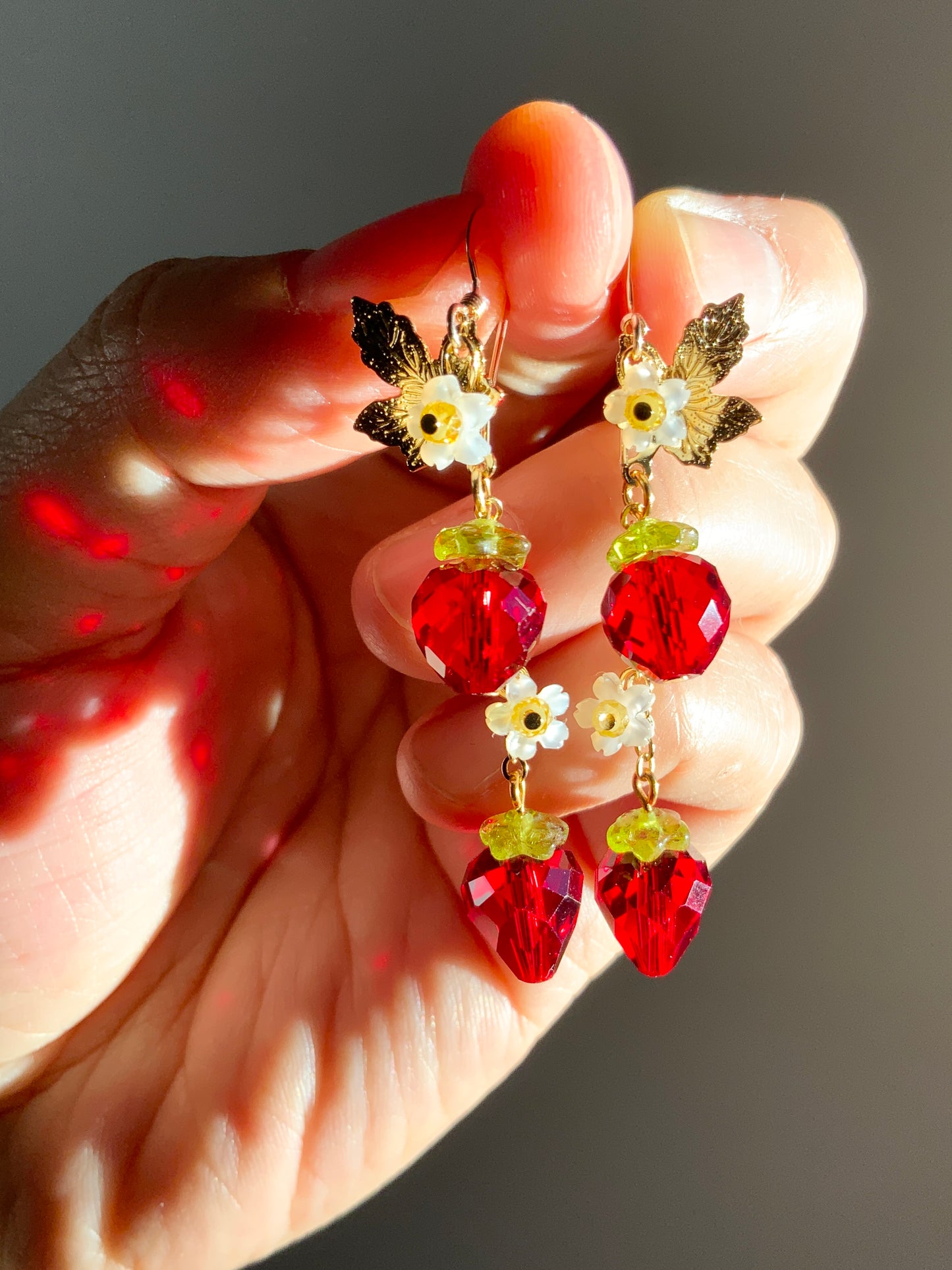 Red Sparkle Strawberry Blossom Earrings~ Mother of Pearl, Crystal Prisms, 18k Gold-Plated Fruit jewelry