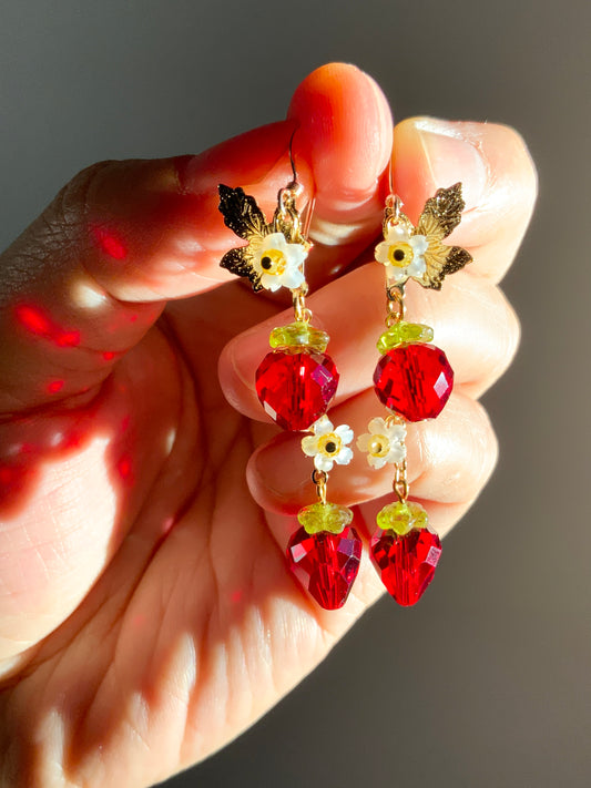 Red Sparkle Strawberry Blossom Earrings~ Mother of Pearl, Crystal Prisms, 18k Gold-Plated Fruit jewelry