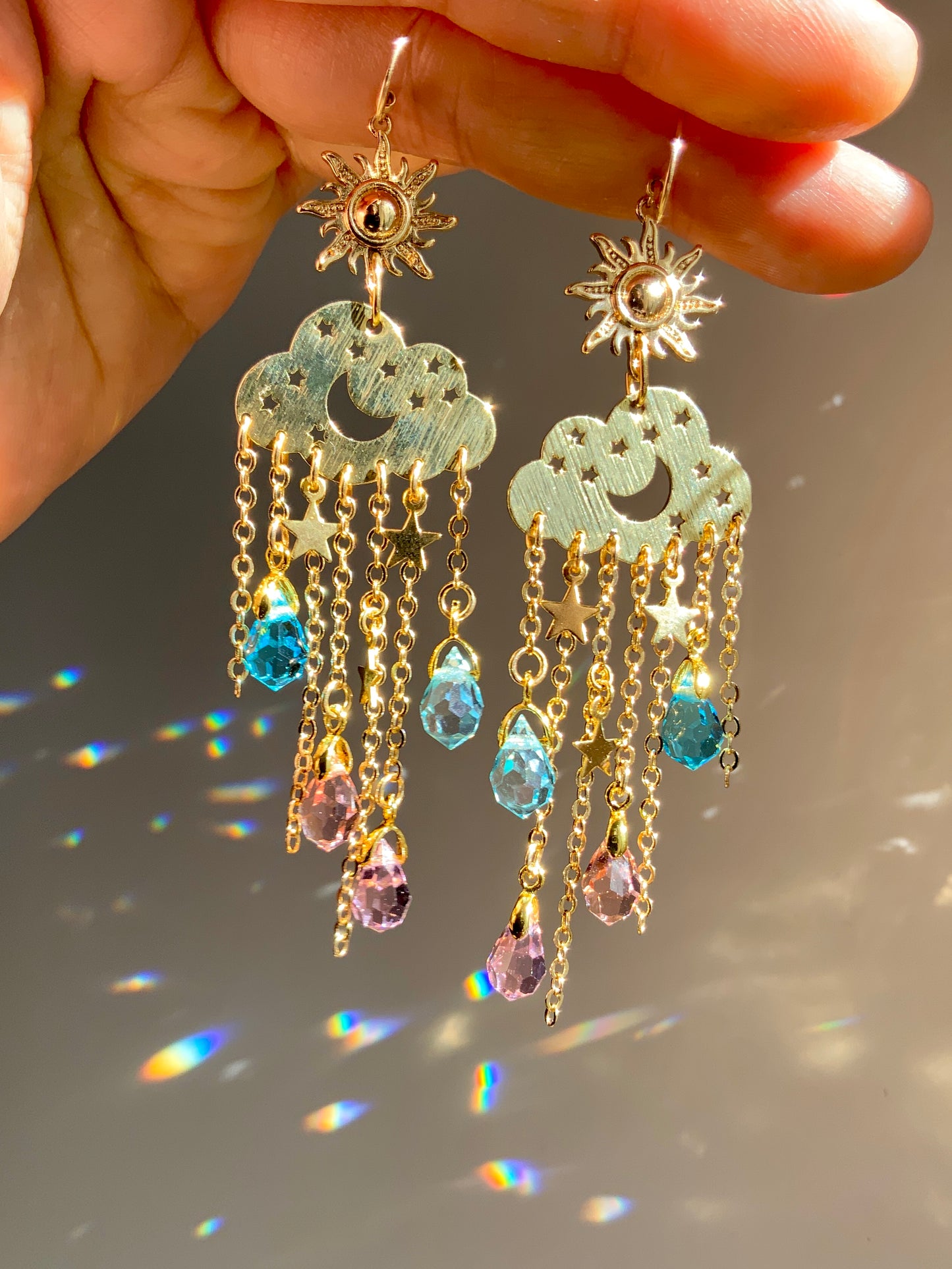 Ombré Sunrise Crystal Rain Cloud earrings~ 18k Gold-Plated Sun Moon Celestial prism Suncatcher jewelry