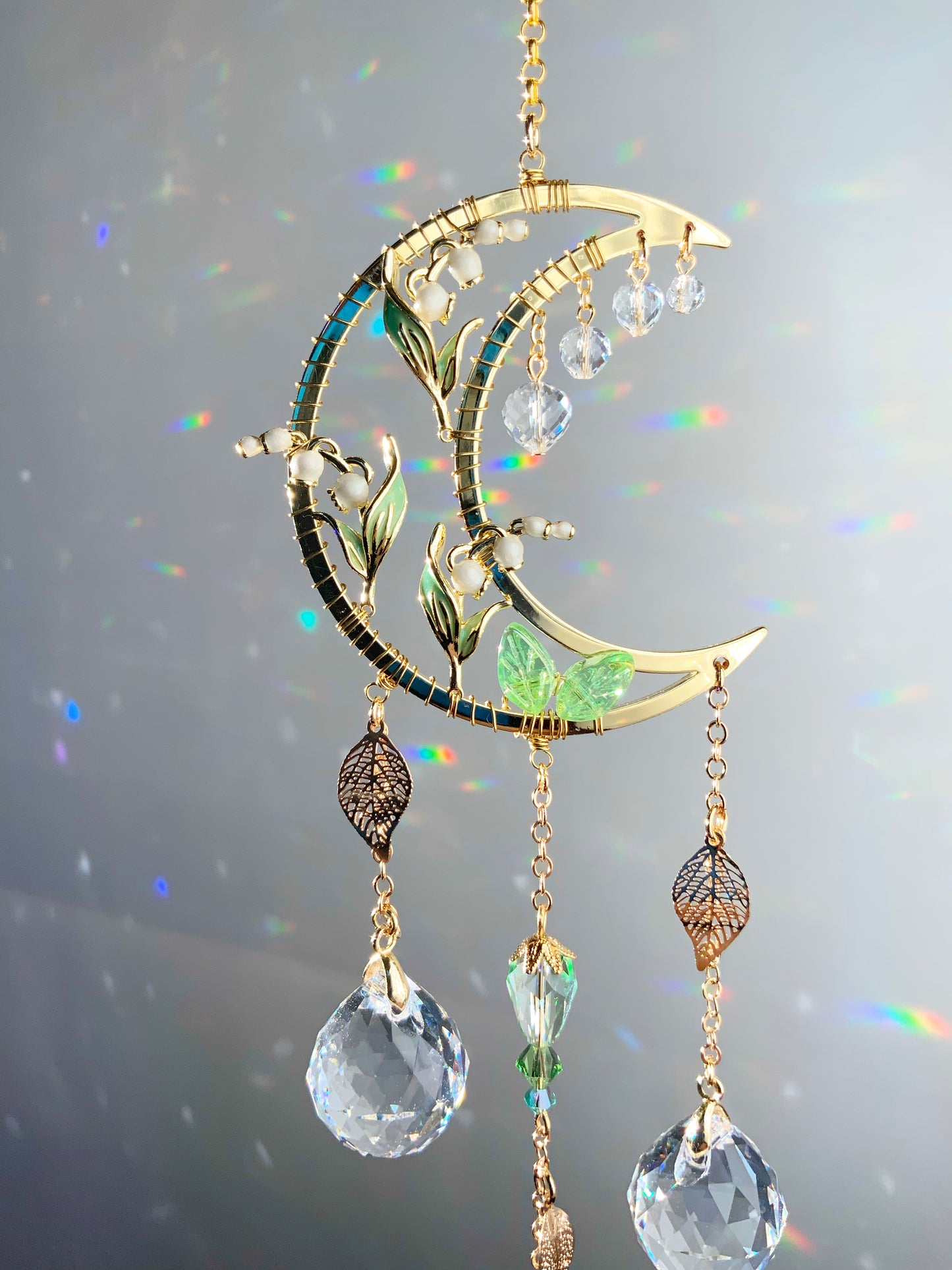 Mini Lily of the Valley Suncatcher, 18k Gold-Plated May Birthflower Celestial Crystal Prism hanger