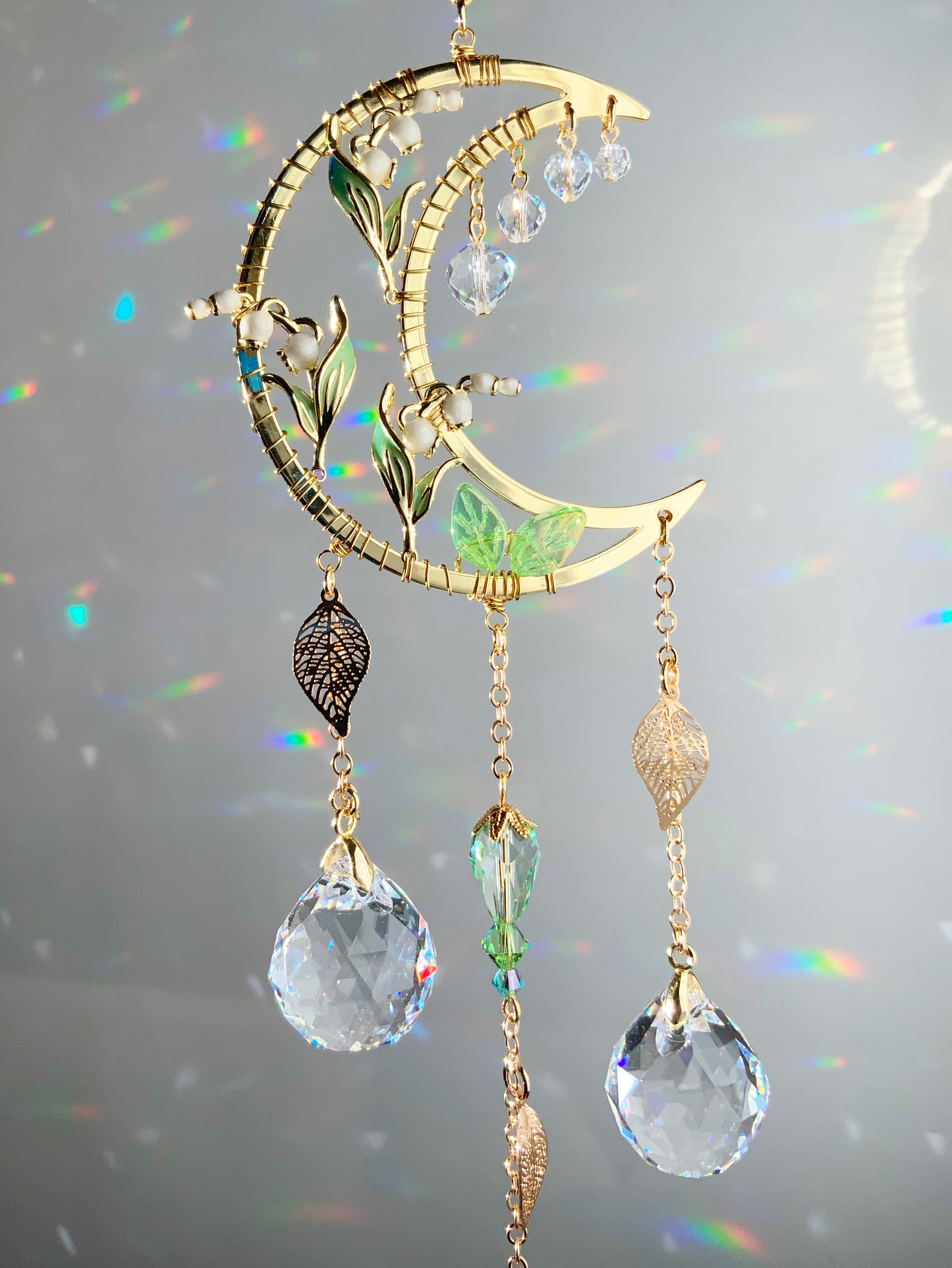 Mini Lily of the Valley Suncatcher, 18k Gold-Plated May Birthflower Celestial Crystal Prism hanger