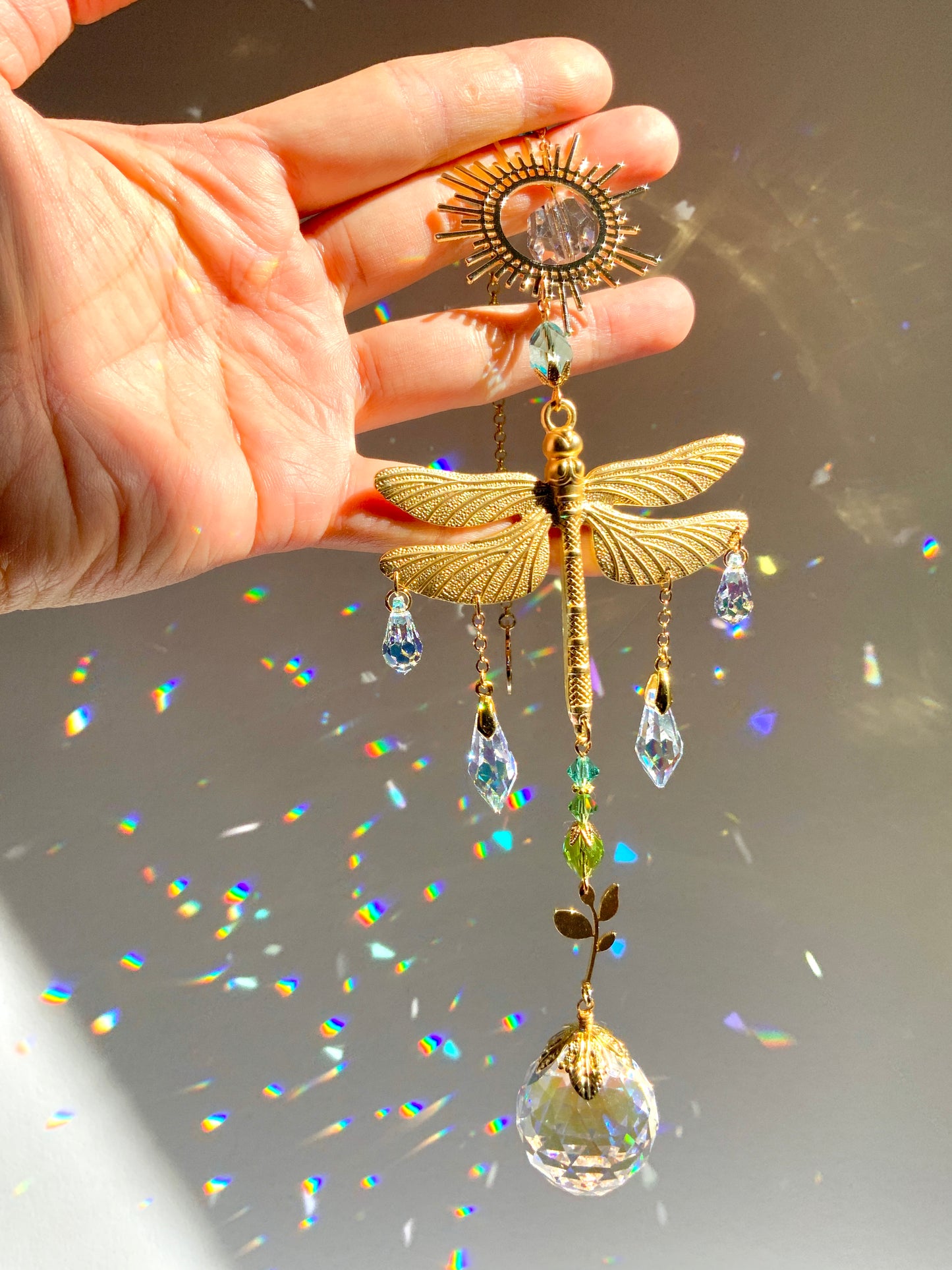 "Horizon" Dragonfly Crystal Ball Suncatcher, 18k Gold-Plated Sun Window Charm with ombré prisms