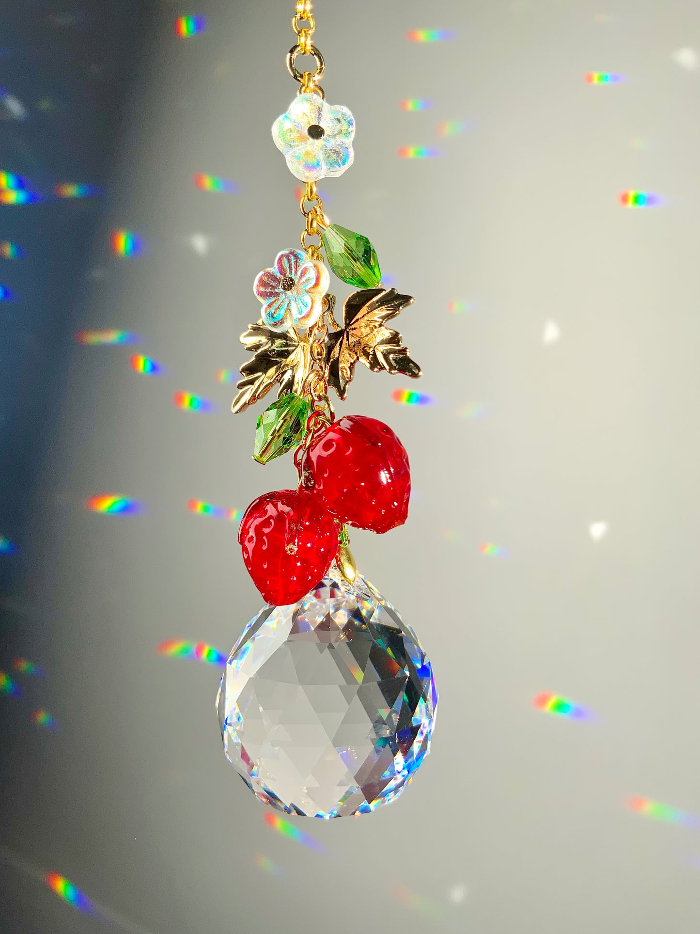 Strawberry Blossom Crystal Car Charm Hanger, 18k Gold-Plated Fruit red berries Suncatcher decor auto decoration accessories