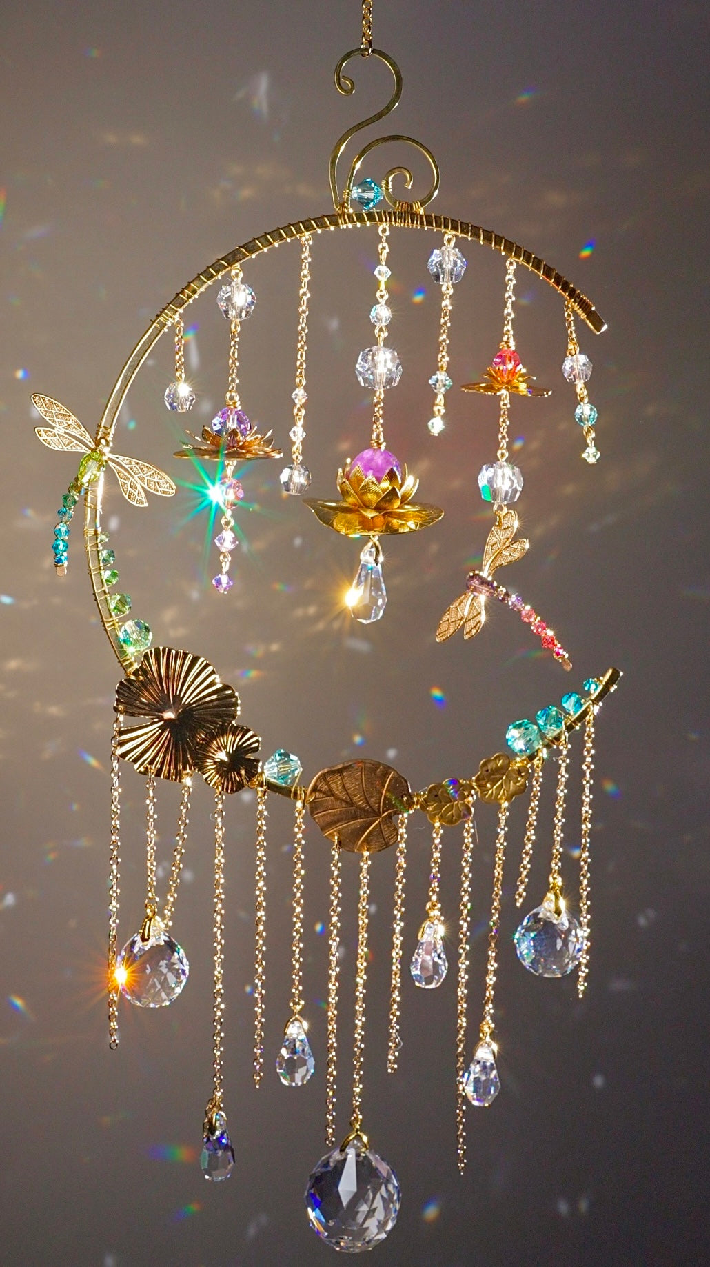 "Water Lily Mist" ~ Dragonfly Lotus Lily Pad Crystal Ball Suncatcher, 18k Gold-Plated Boho Room Decor, July Birthflower