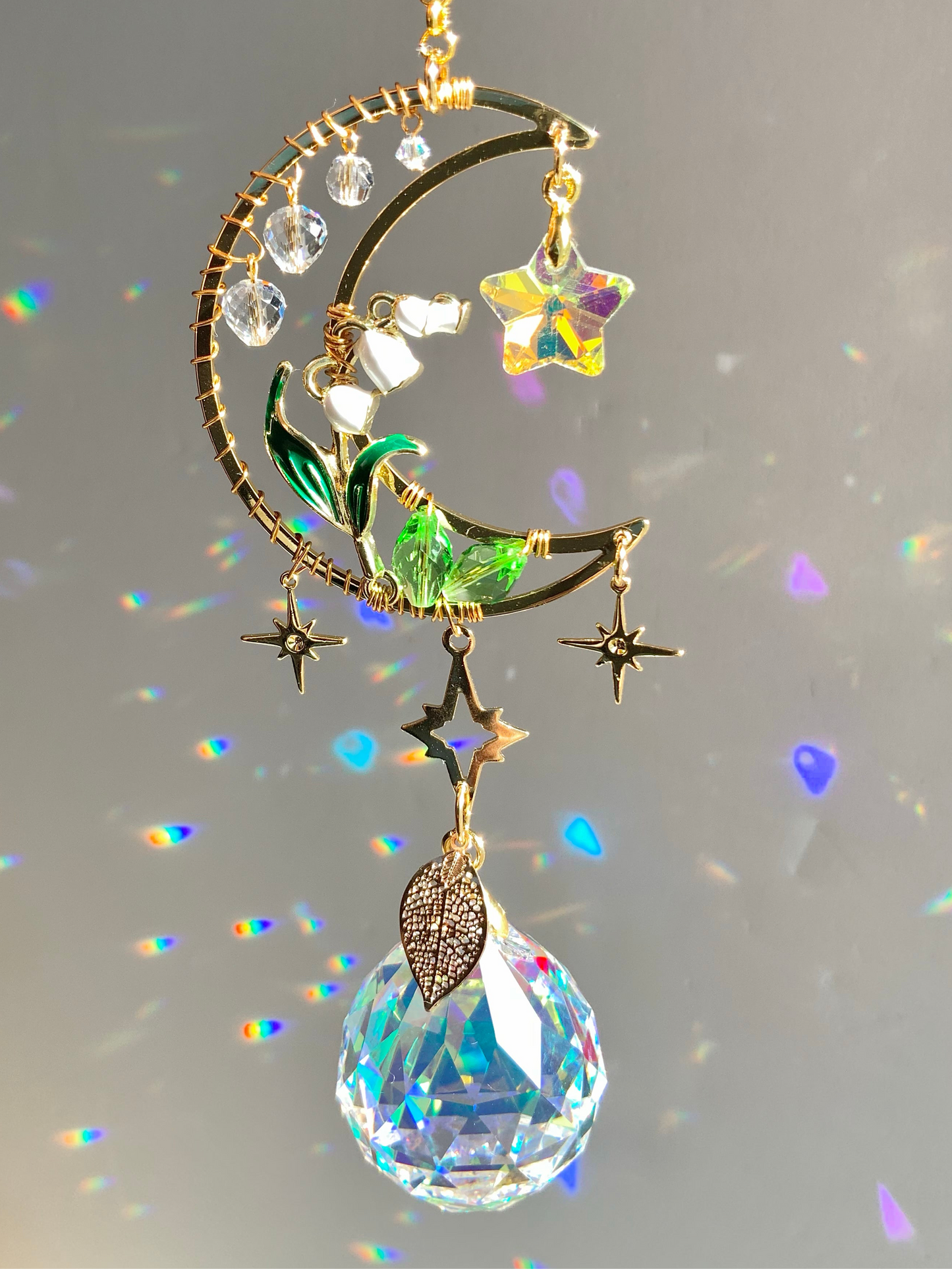 Lily of the Valley Moon Car Charm, 18k Gold-Plated May Birthflower Crystal Celestial Prism suncatcher, rearview mirror hanger